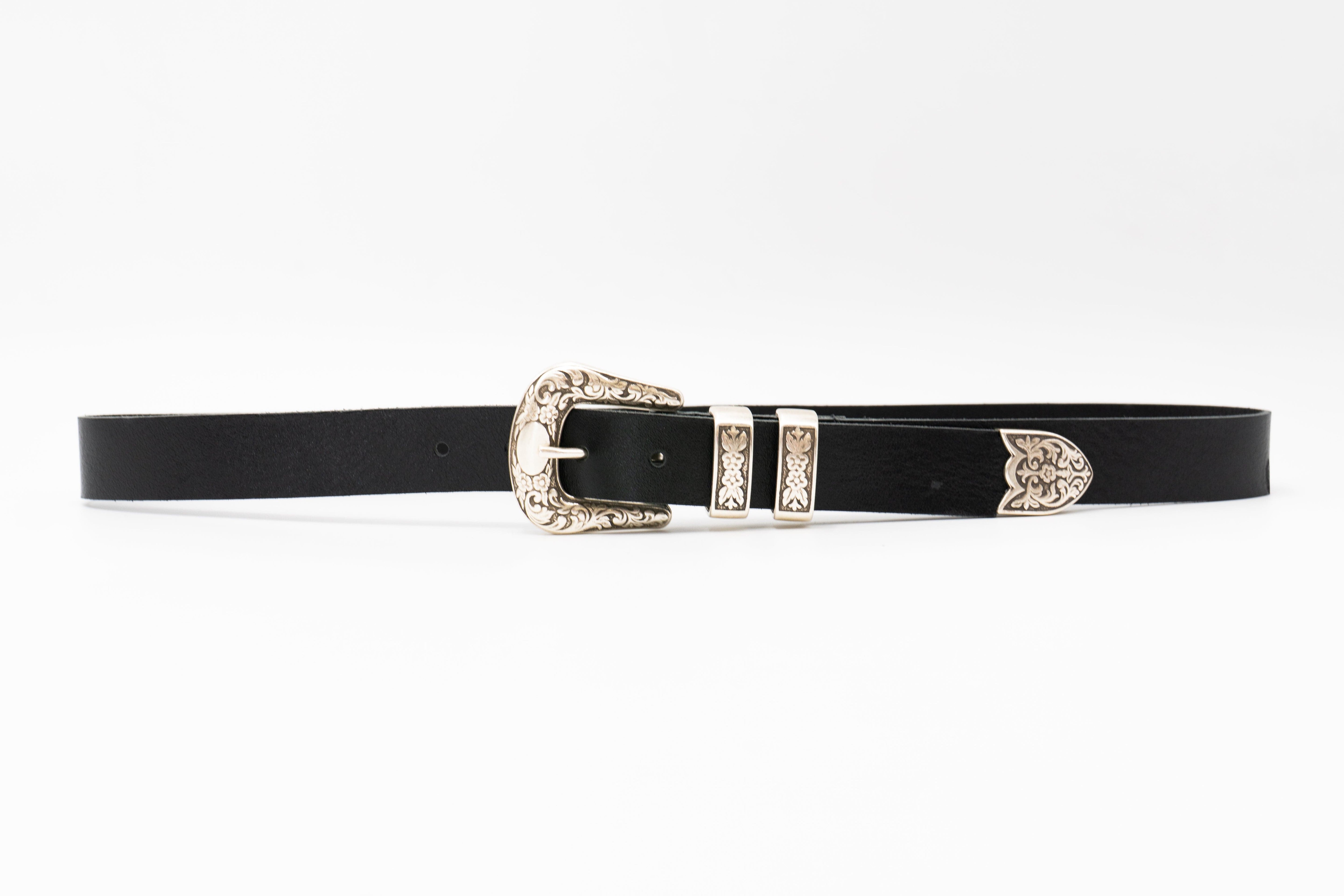 Luca Belt – smooth black Italian leather belt with sleek modern western buckle set and double-loop detail, handcrafted in Los Angeles - Streets Ahead