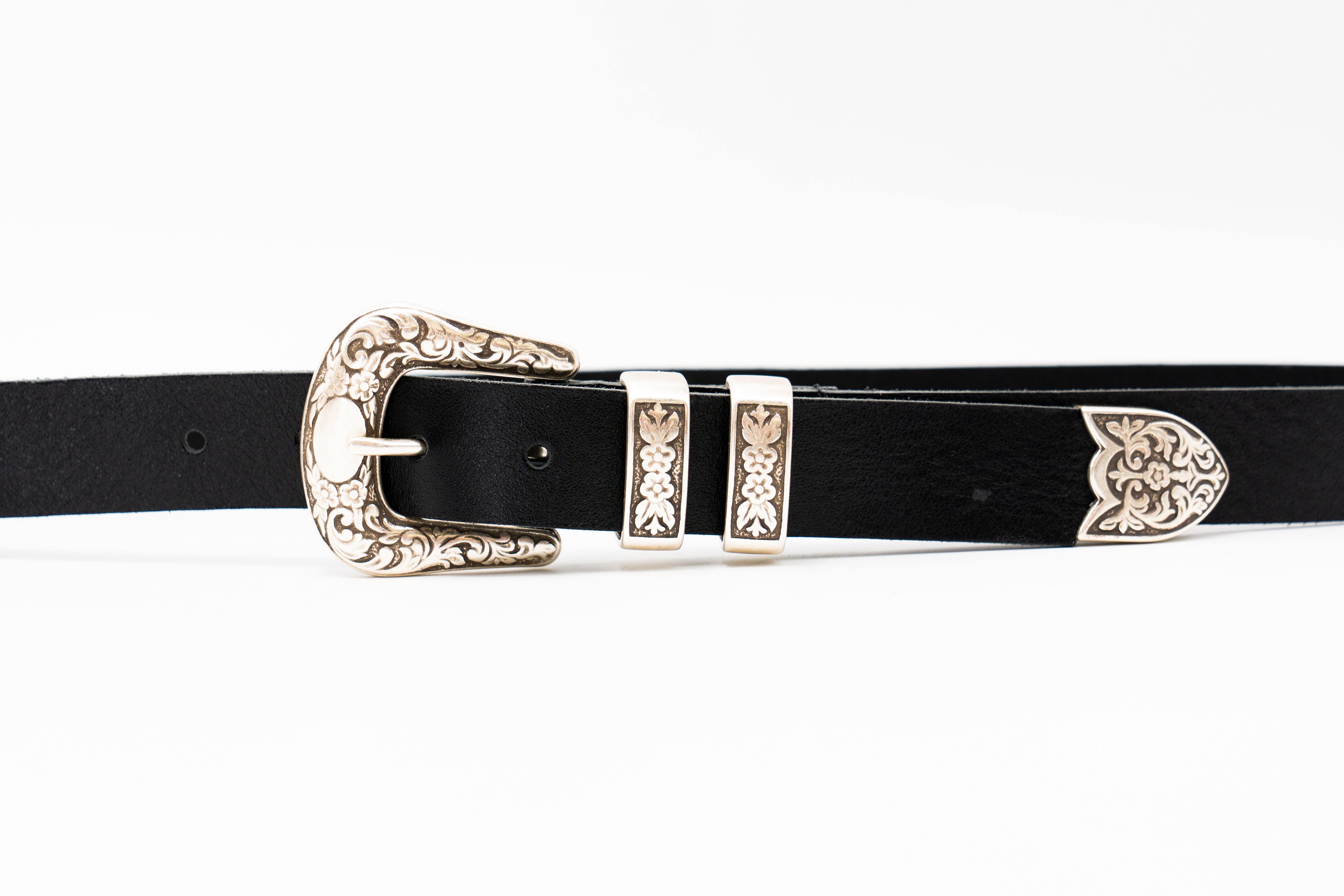Luca Belt – smooth black Italian leather belt with sleek modern western buckle set and double-loop detail, handcrafted in Los Angeles - Streets Ahead