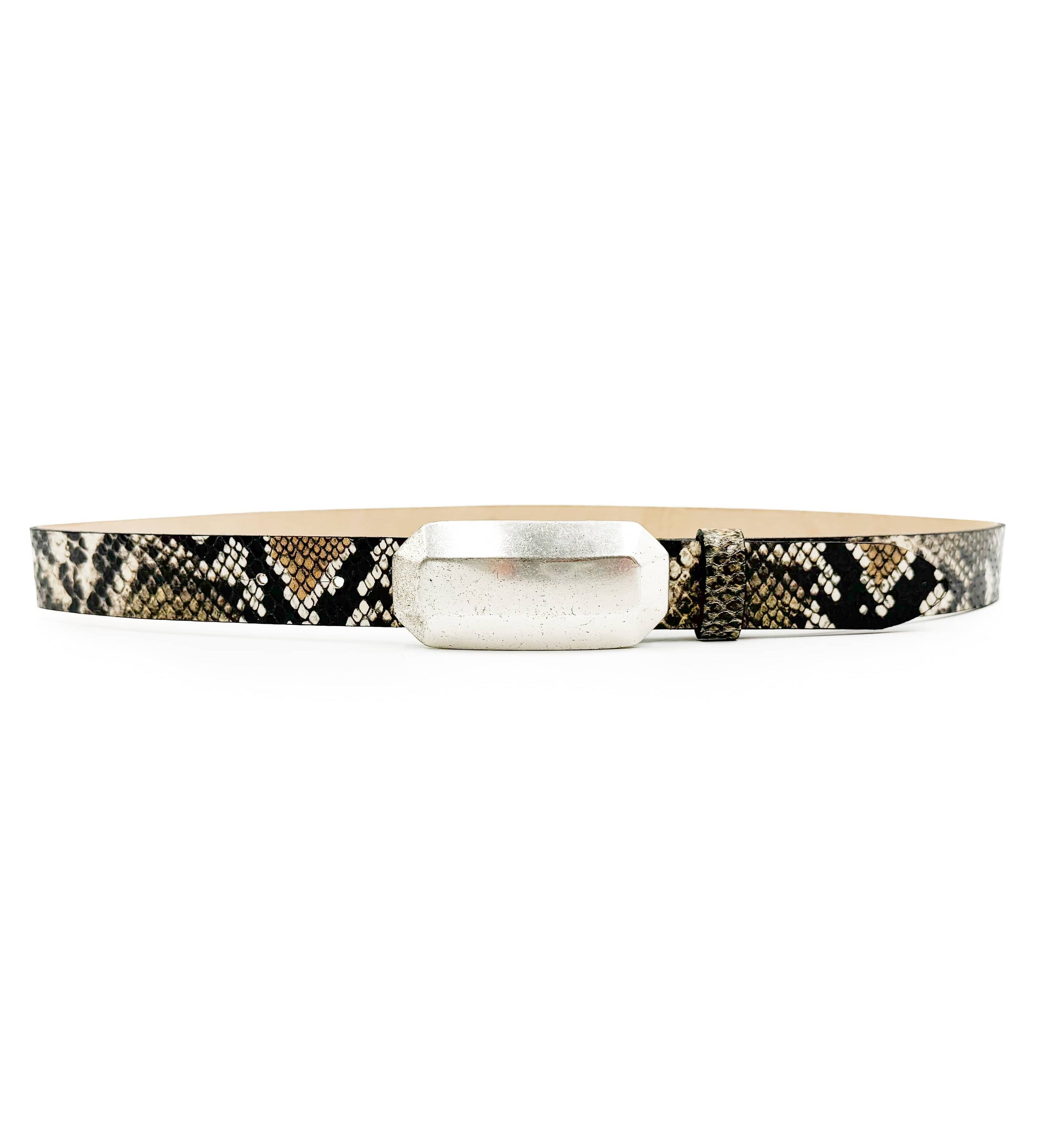 Streets Ahead Maren Snake Print Belt in black and beige Italian calfskin, front view