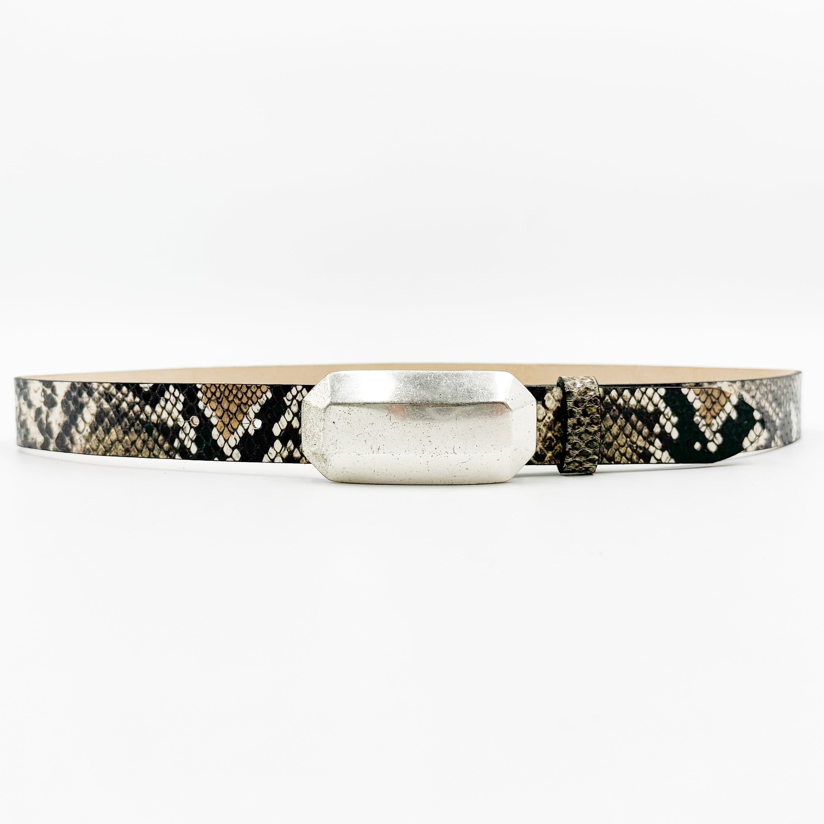 Maren Snake Print Belt – dark black and beige Italian snake-print calfskin leather belt with silver-plated geometric plaque buckle, handcrafted in Los Angeles - Streets Ahead