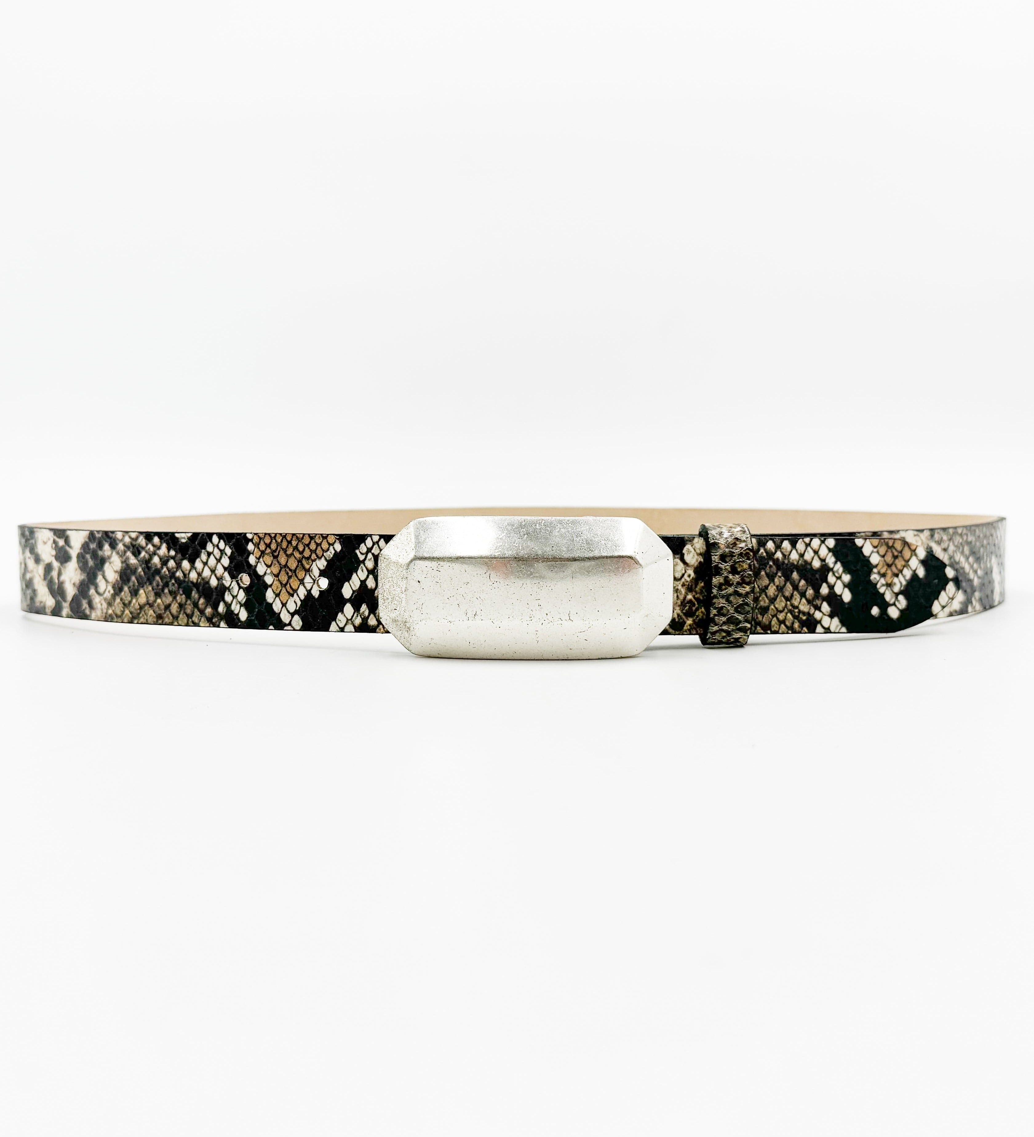 Maren Snake Print Belt – dark black and beige Italian snake-print calfskin leather belt with silver-plated geometric plaque buckle, handcrafted in Los Angeles - Streets Ahead