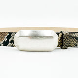 Maren Snake Print Belt – dark black and beige Italian snake-print calfskin leather belt with silver-plated geometric plaque buckle, handcrafted in Los Angeles - Streets Ahead