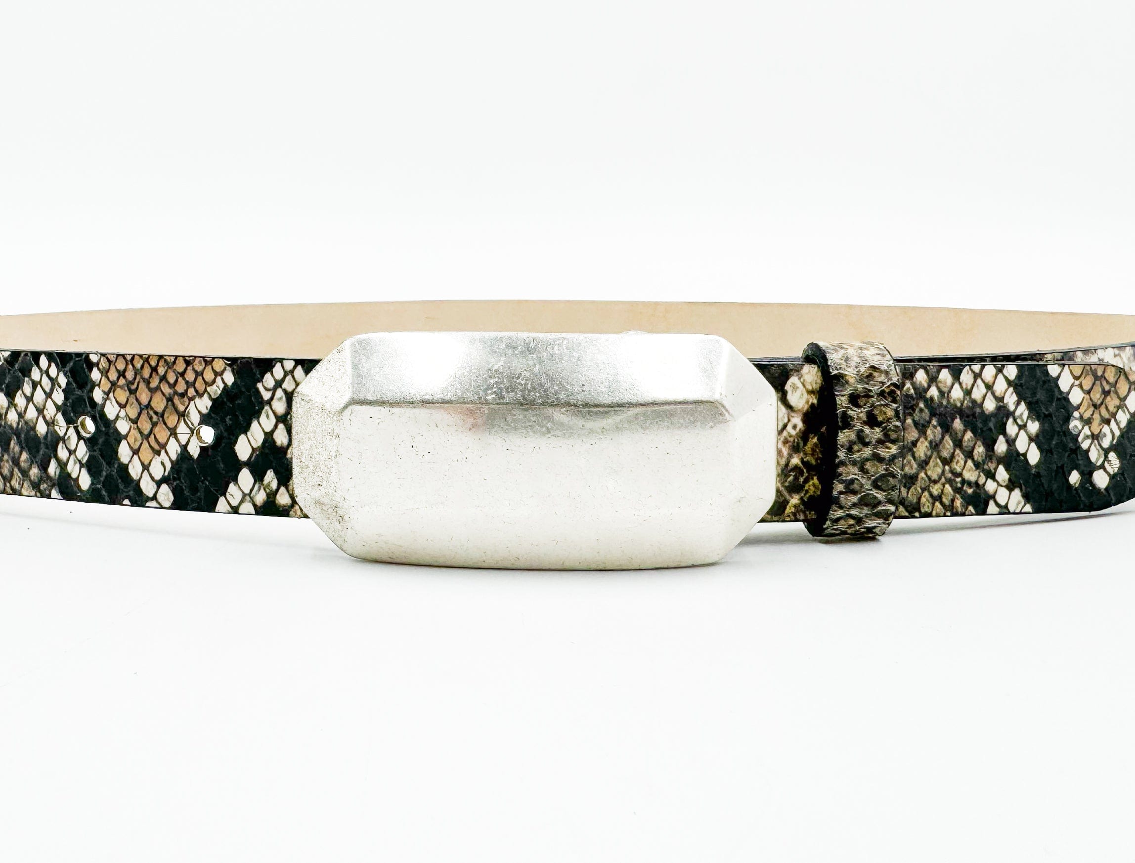 Maren Snake Print Belt – dark black and beige Italian snake-print calfskin leather belt with silver-plated geometric plaque buckle, handcrafted in Los Angeles - Streets Ahead