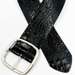 Marley Waist Belt – black croc-embossed calfskin leather belt with wide design and hammered silver square center bar buckle - Streets Ahead