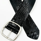 Marley Waist Belt – black croc-embossed calfskin leather belt with wide design and hammered silver square center bar buckle - Streets Ahead
