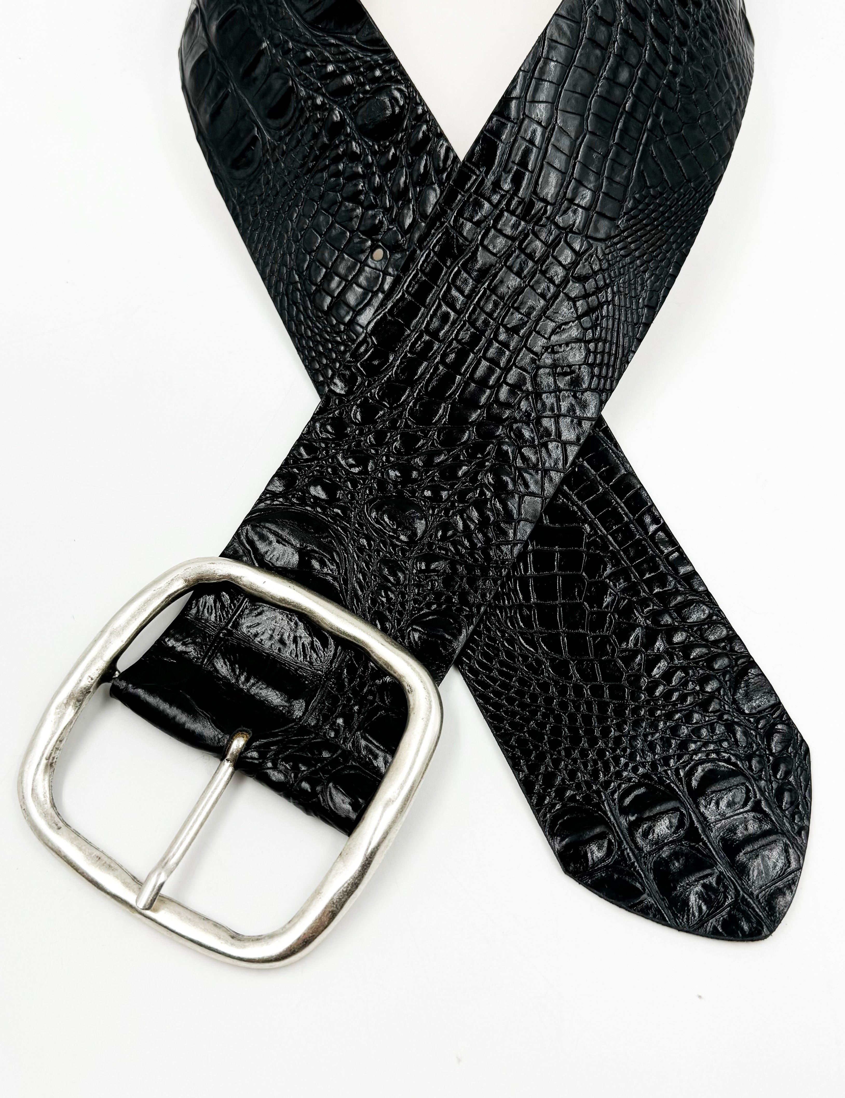 Marley Waist Belt – black croc-embossed calfskin leather belt with wide design and hammered silver square center bar buckle - Streets Ahead