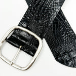 Marley Waist Belt – black croc-embossed calfskin leather belt with wide design and hammered silver square center bar buckle - Streets Ahead