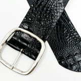 Marley Waist Belt – black croc-embossed calfskin leather belt with wide design and hammered silver square center bar buckle - Streets Ahead