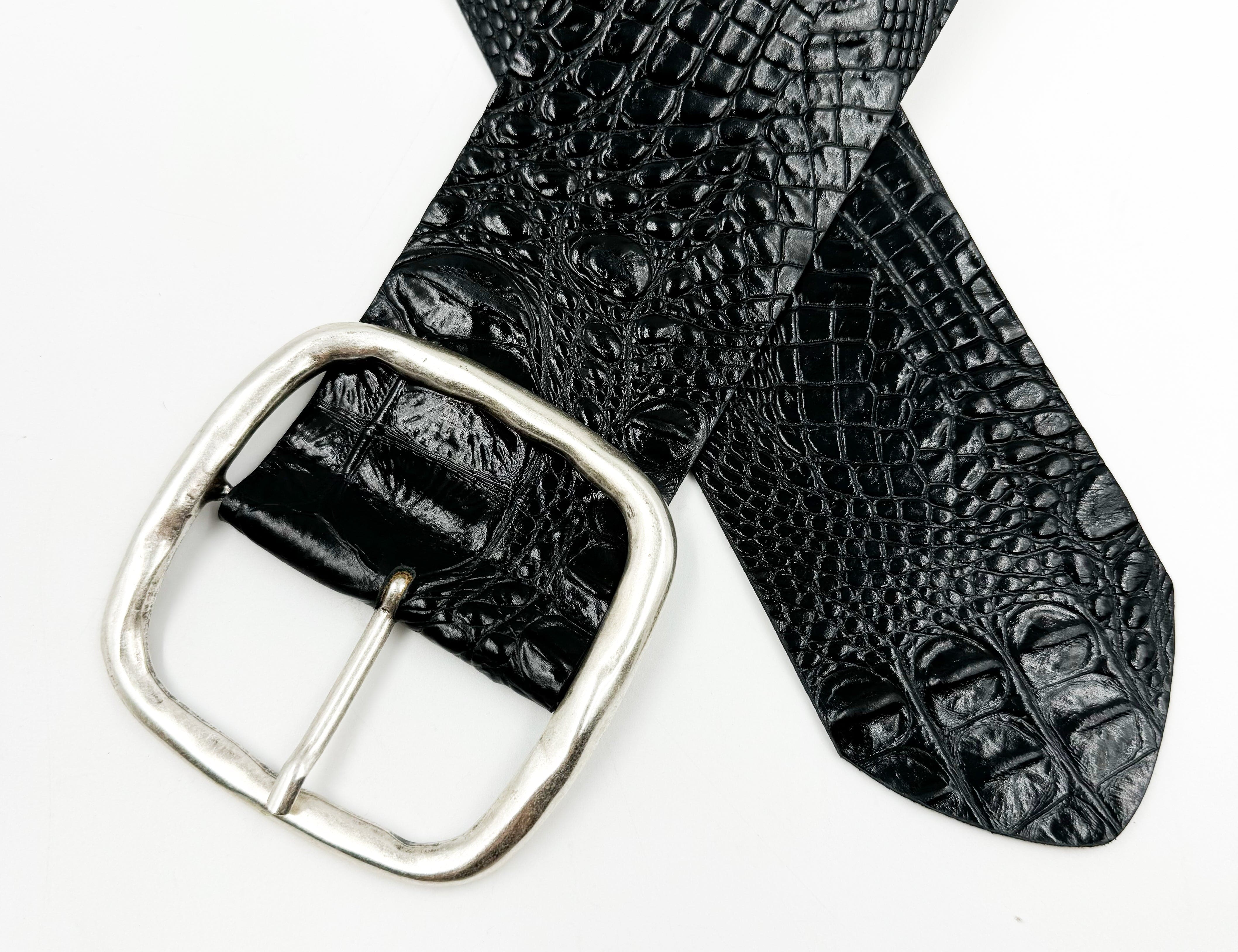 Marley Waist Belt – black croc-embossed calfskin leather belt with wide design and hammered silver square center bar buckle - Streets Ahead