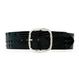 Marley Waist Belt – black croc-embossed calfskin leather belt with wide design and hammered silver square center bar buckle - Streets Ahead