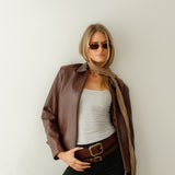 Anya Belt – narrow brown Italian leather belt with a simple solid brass buckle, handcrafted in Los Angeles - Streets Ahead