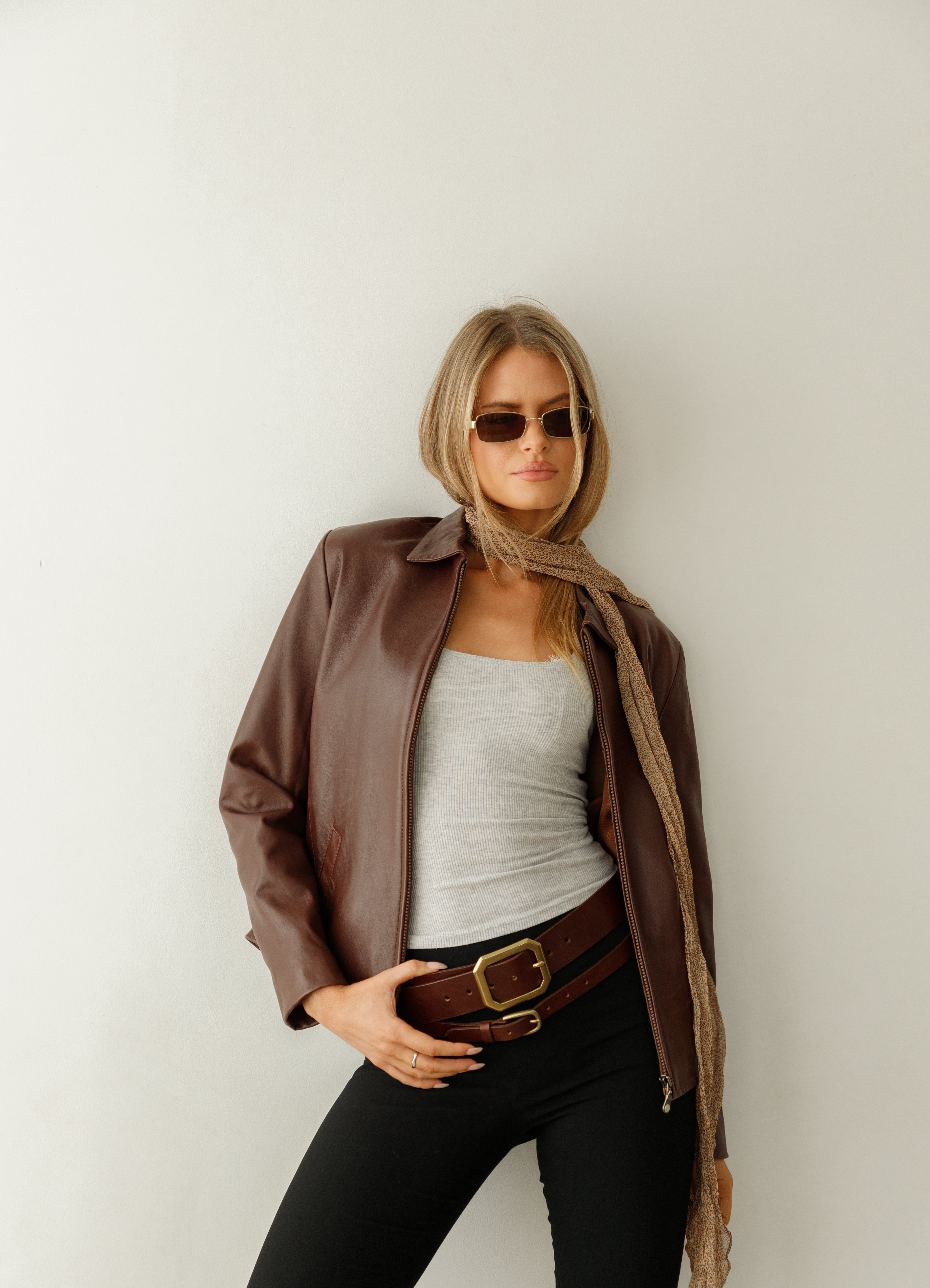 Anya Belt – narrow brown Italian leather belt with a simple solid brass buckle, handcrafted in Los Angeles - Streets Ahead
