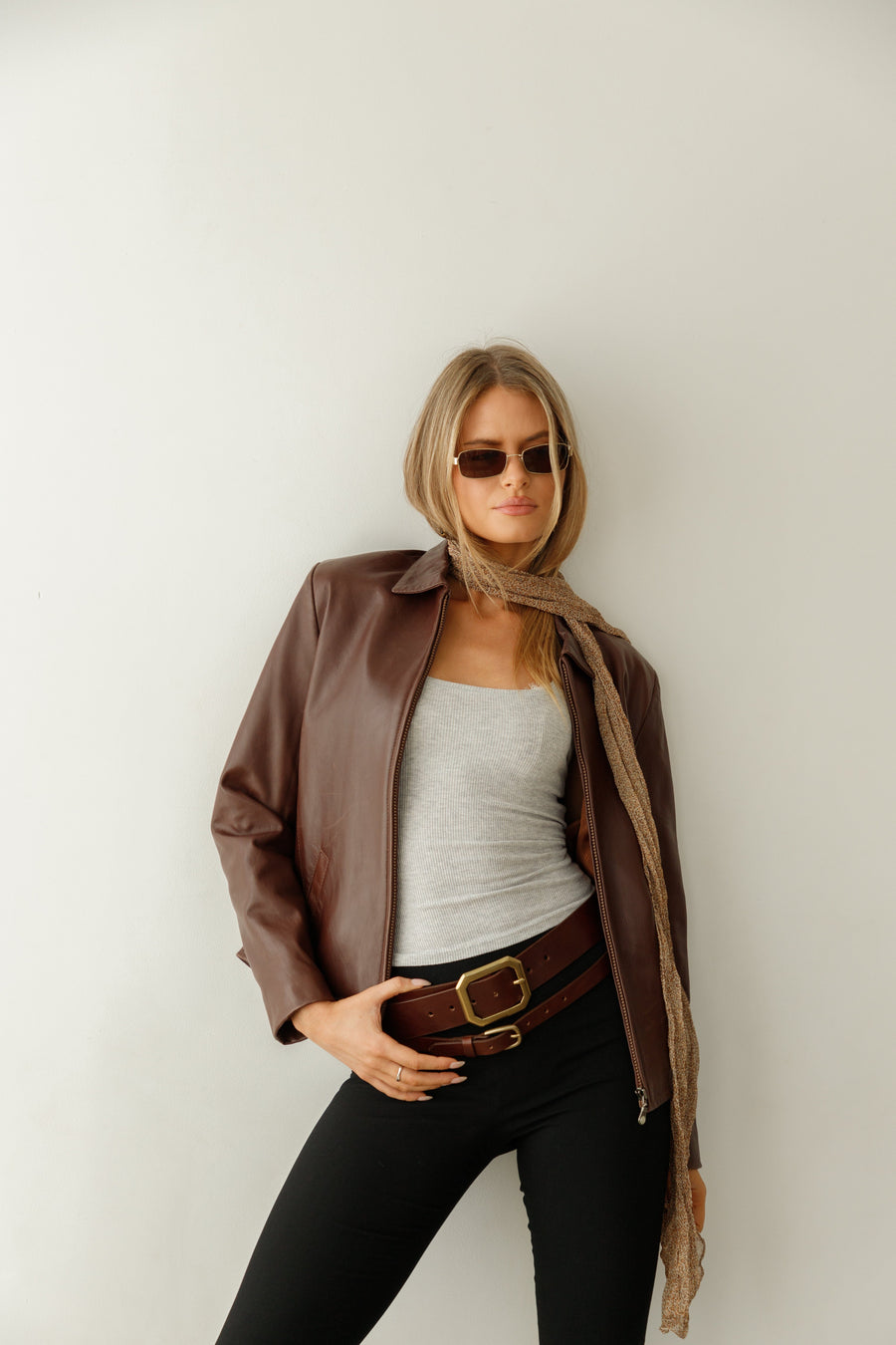Anya Belt – narrow brown Italian leather belt with a simple solid brass buckle, handcrafted in Los Angeles - Streets Ahead