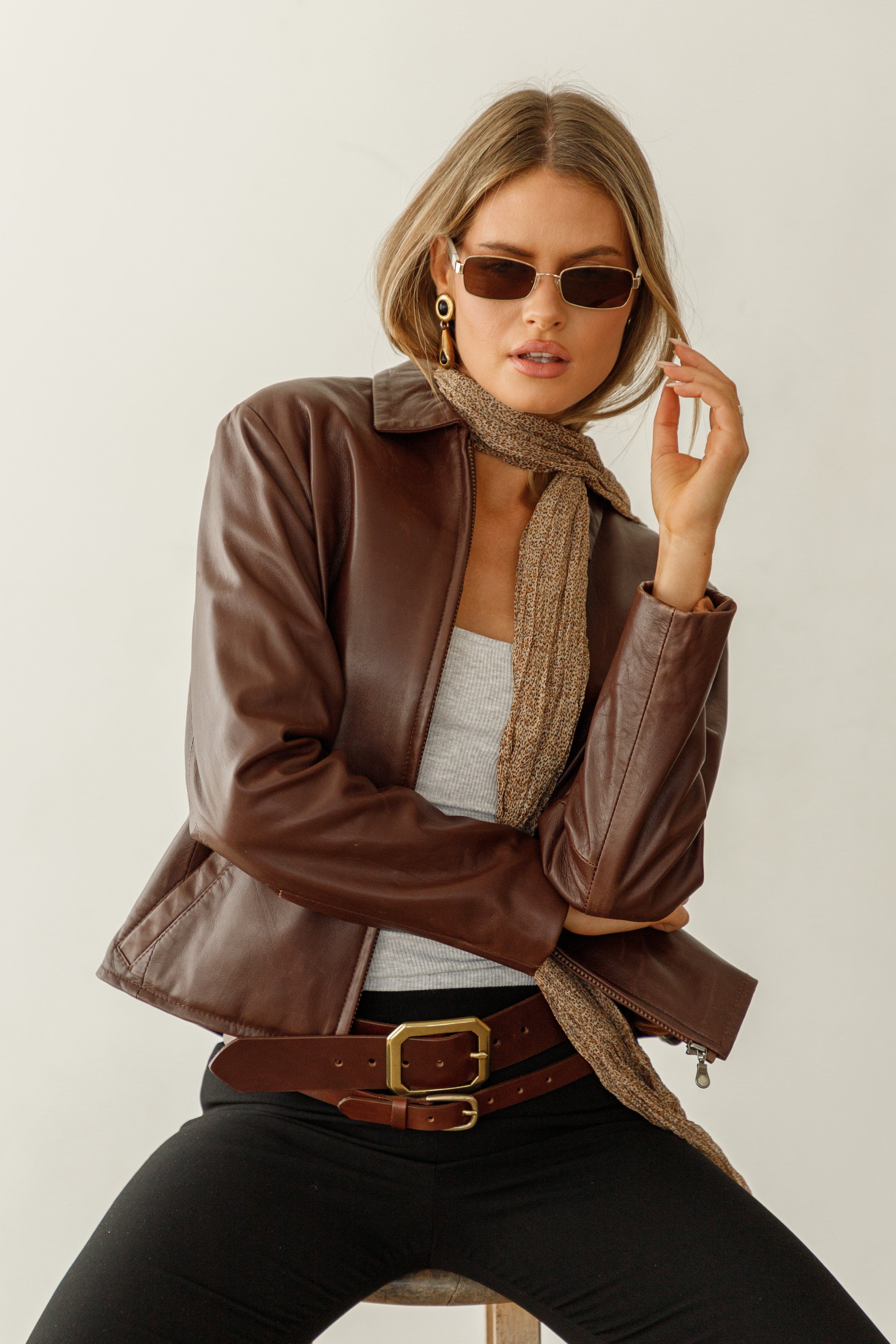 Anya Belt – narrow brown Italian leather belt with a simple solid brass buckle, handcrafted in Los Angeles - Streets Ahead