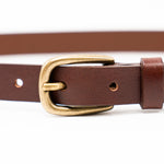 Anya Belt – narrow brown Italian leather belt with a simple solid brass buckle, handcrafted in Los Angeles - Streets Ahead
