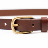 Anya Belt – narrow brown Italian leather belt with a simple solid brass buckle, handcrafted in Los Angeles - Streets Ahead