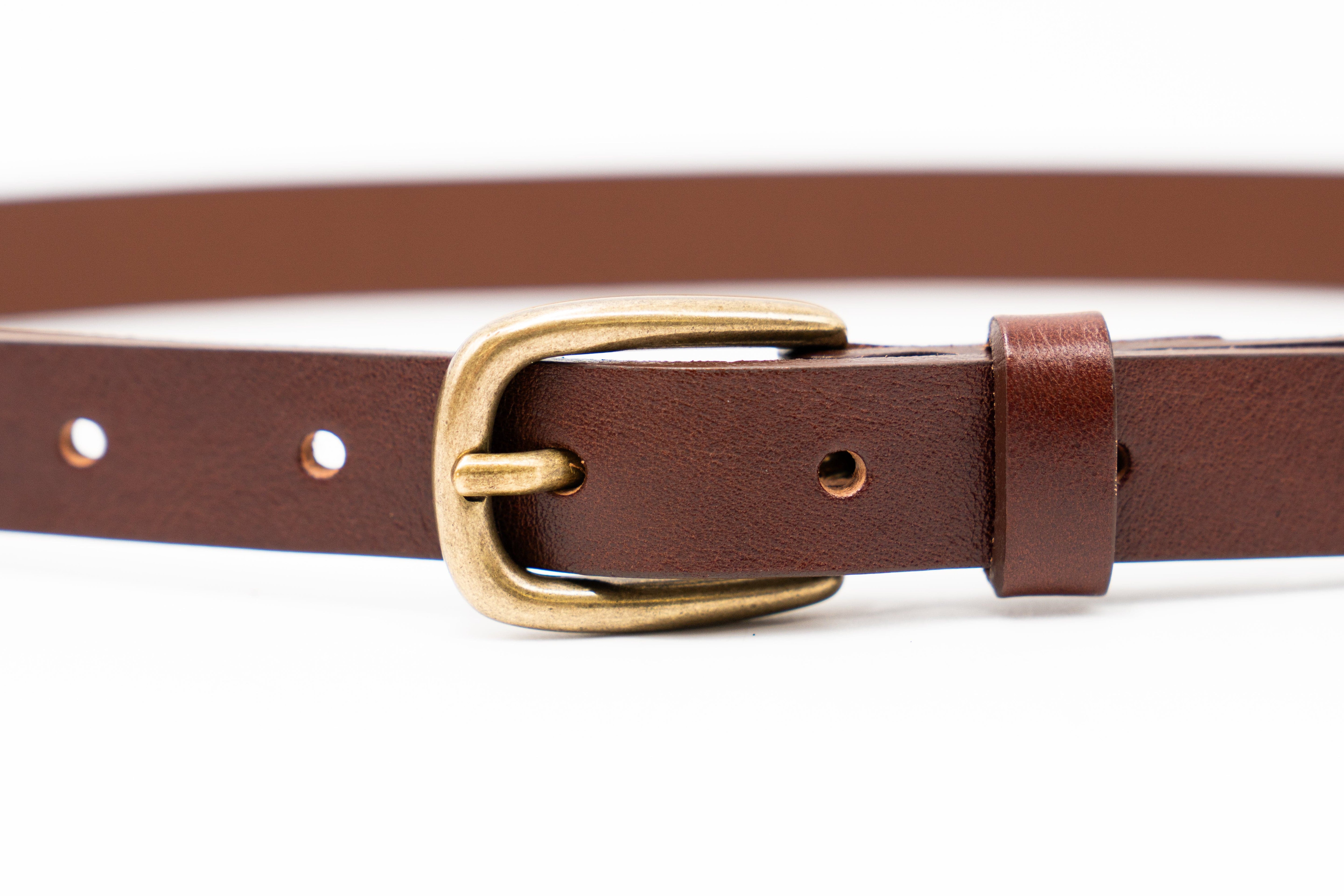 Anya Belt – narrow brown Italian leather belt with a simple solid brass buckle, handcrafted in Los Angeles - Streets Ahead
