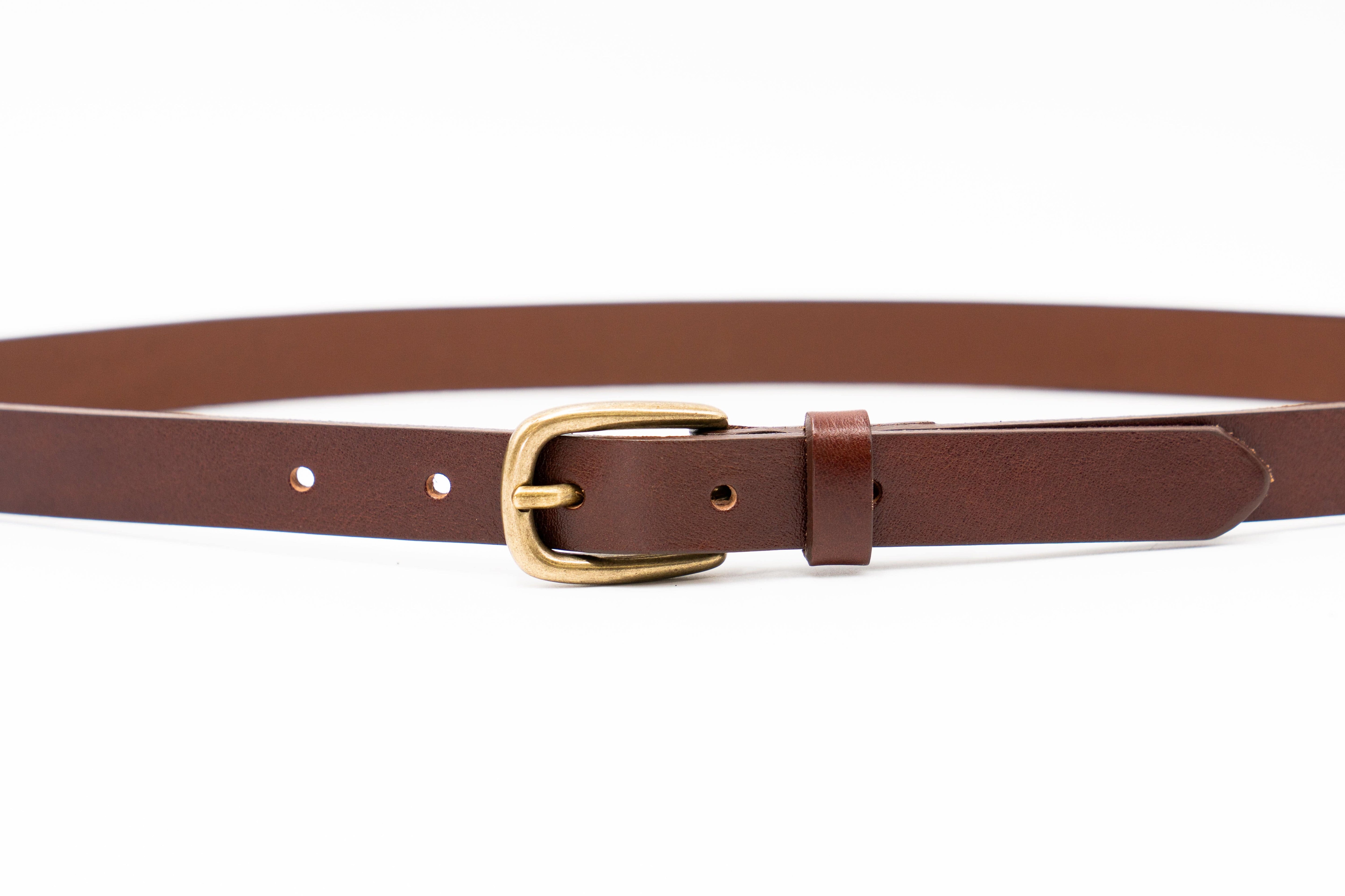 Anya Belt – narrow brown Italian leather belt with a simple solid brass buckle, handcrafted in Los Angeles - Streets Ahead
