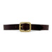 Natalia Belt in brown Italian leather with gold-plated rectangular buckle, flat lay view - Streets Ahead