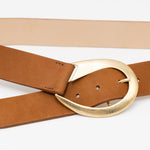 Nyla Belt – Italian cognac nubuck leather drop waist belt with a 24k gold-plated buckle, handcrafted in Los Angeles - Streets Ahead
