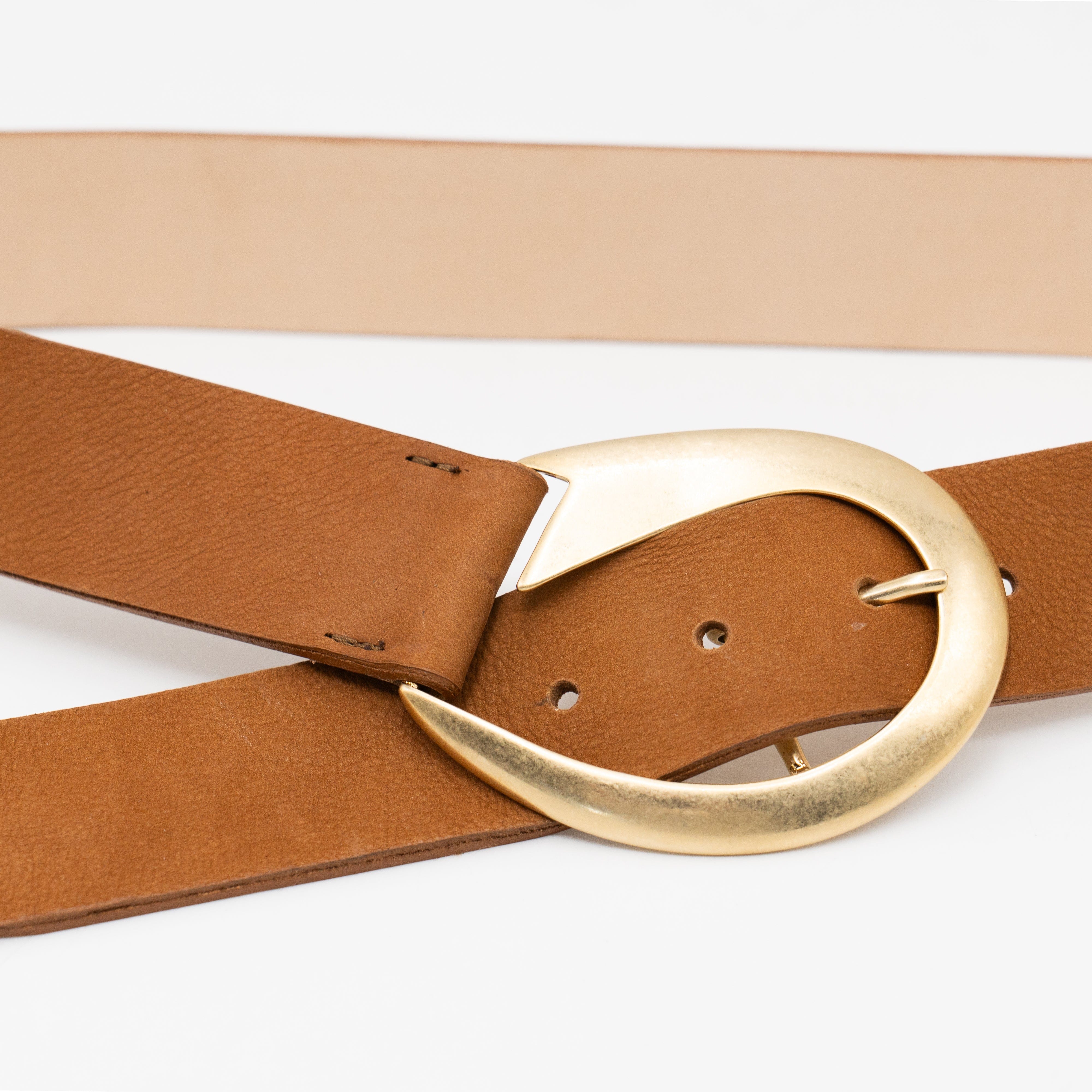 Nyla Belt – Italian cognac nubuck leather drop waist belt with a 24k gold-plated buckle, handcrafted in Los Angeles - Streets Ahead