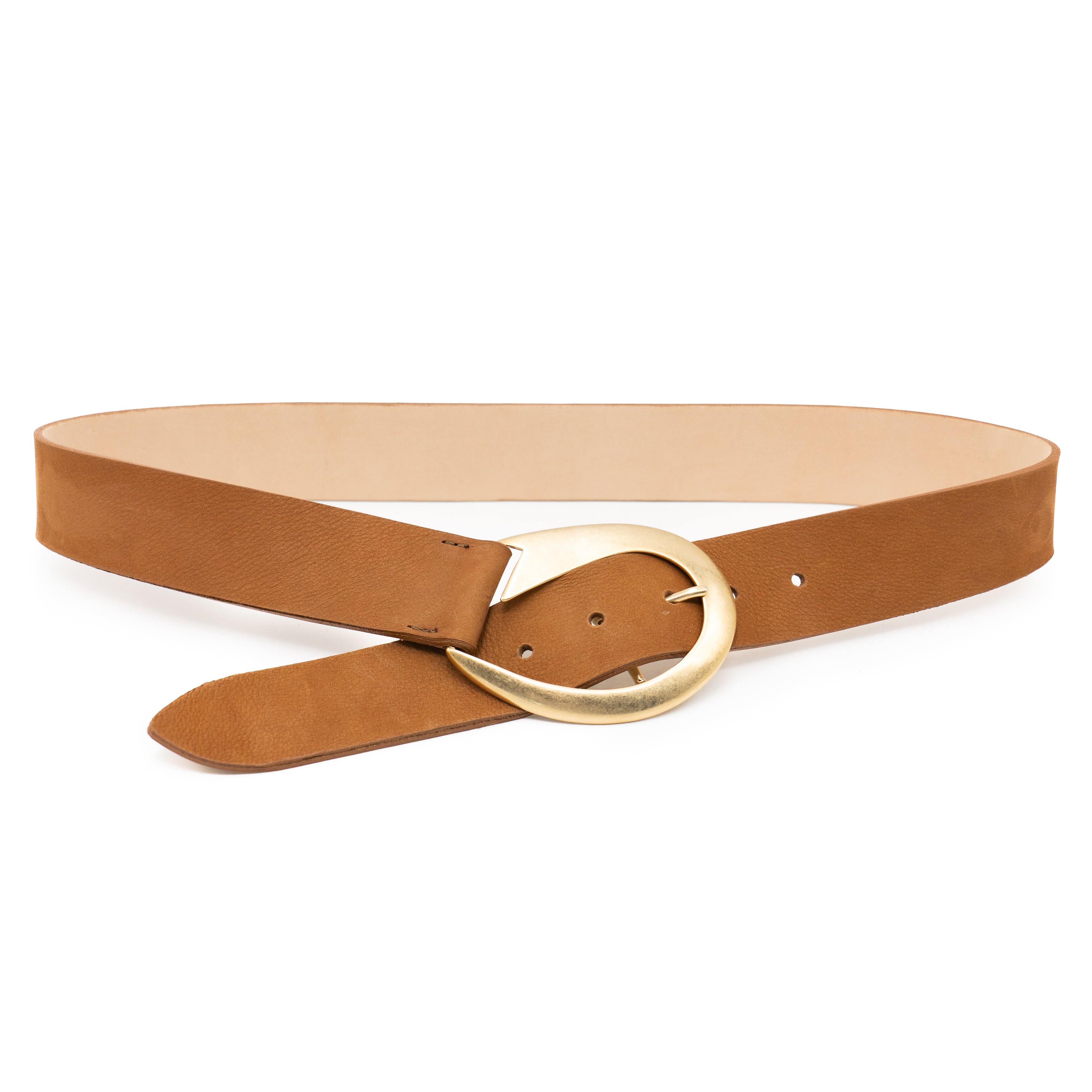 Nyla Belt – Italian cognac nubuck leather drop waist belt with a 24k gold-plated buckle, handcrafted in Los Angeles - Streets Ahead