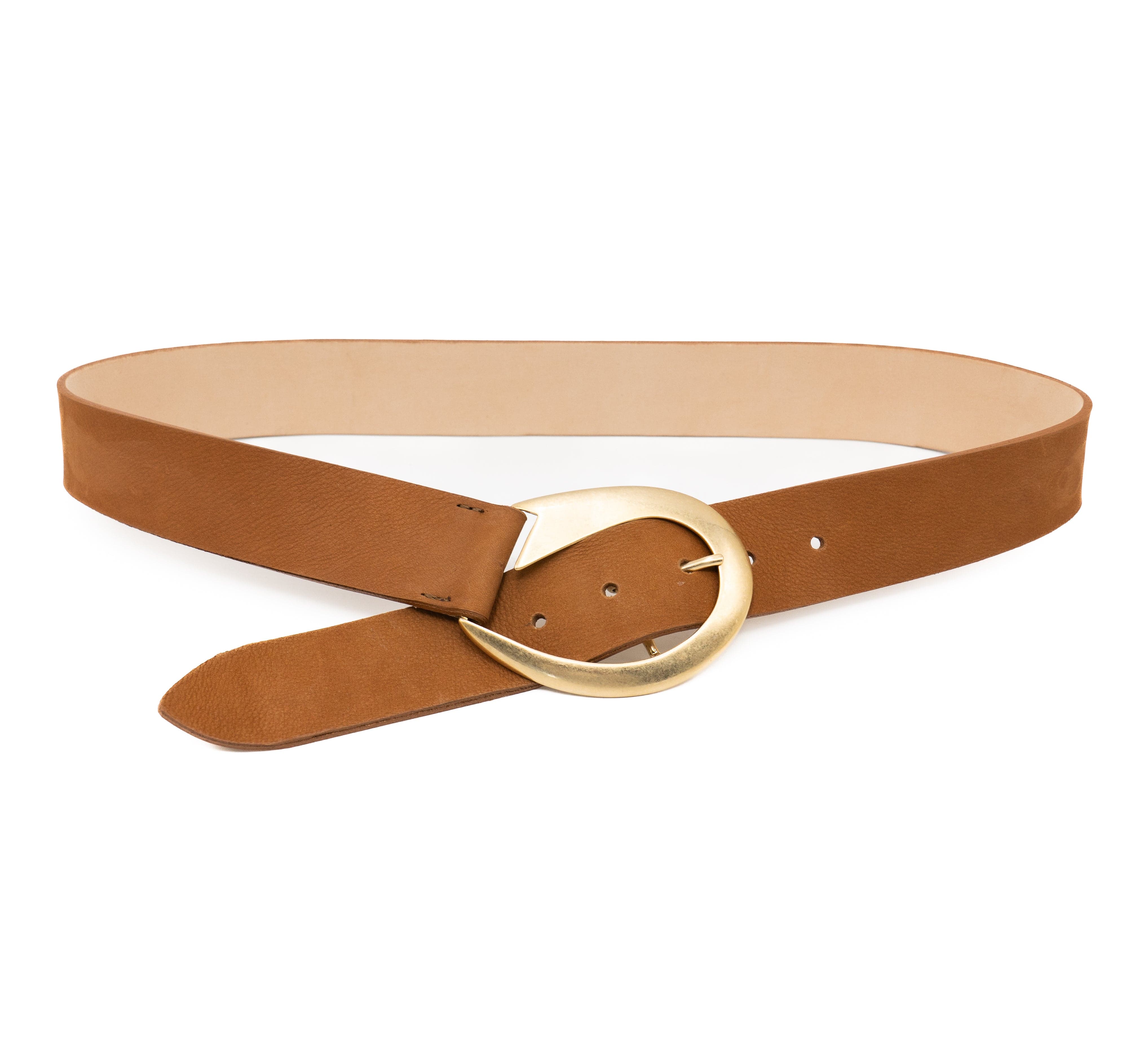 Nyla Belt – Italian cognac nubuck leather drop waist belt with a 24k gold-plated buckle, handcrafted in Los Angeles - Streets Ahead