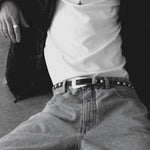 Parker Studded Belt – black Italian leather belt with silver ball-and-chain trim, rivets, and a modern western-style buckle, handcrafted in Los Angeles - Streets Ahead