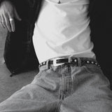 Parker Studded Belt – black Italian leather belt with silver ball-and-chain trim, rivets, and a modern western-style buckle, handcrafted in Los Angeles - Streets Ahead