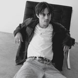 Parker Studded Belt – black Italian leather belt with silver ball-and-chain trim, rivets, and a modern western-style buckle, handcrafted in Los Angeles - Streets Ahead