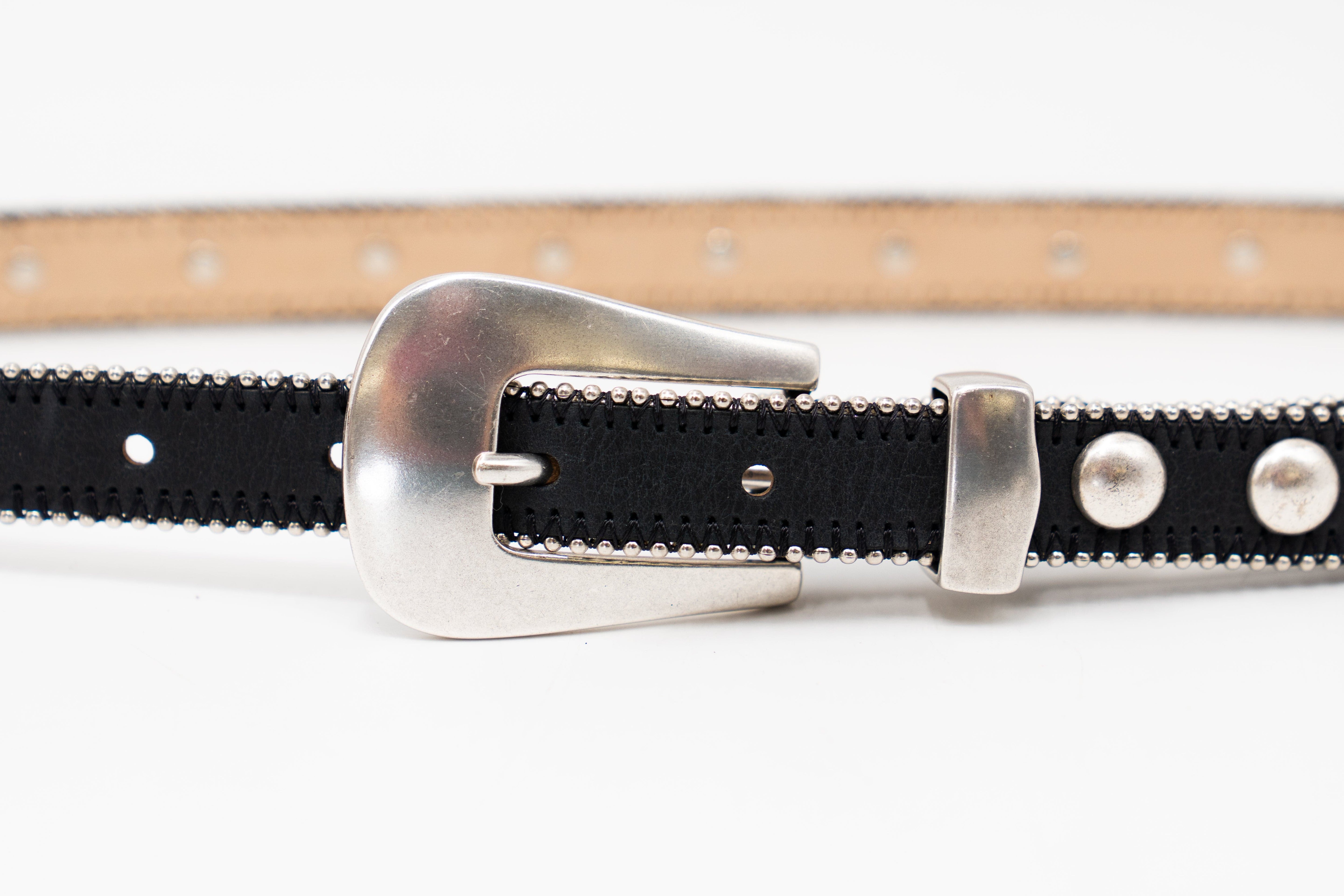 Parker Studded Belt – black Italian leather belt with silver ball-and-chain trim, rivets, and a modern western-style buckle, handcrafted in Los Angeles - Streets Ahead