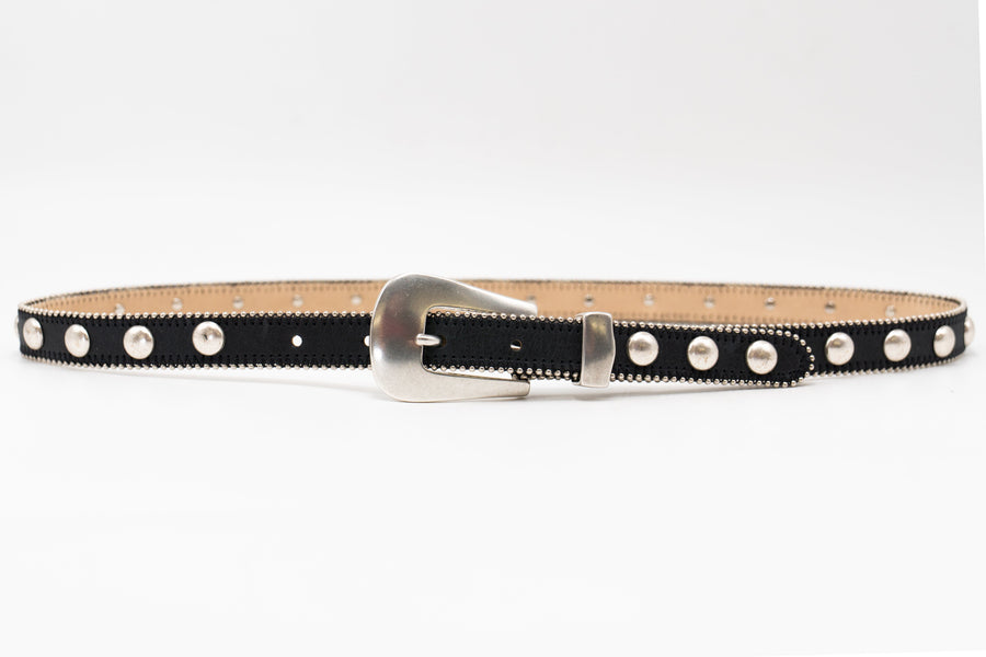 Parker Studded Belt – black Italian leather belt with silver ball-and-chain trim, rivets, and a modern western-style buckle, handcrafted in Los Angeles - Streets Ahead
