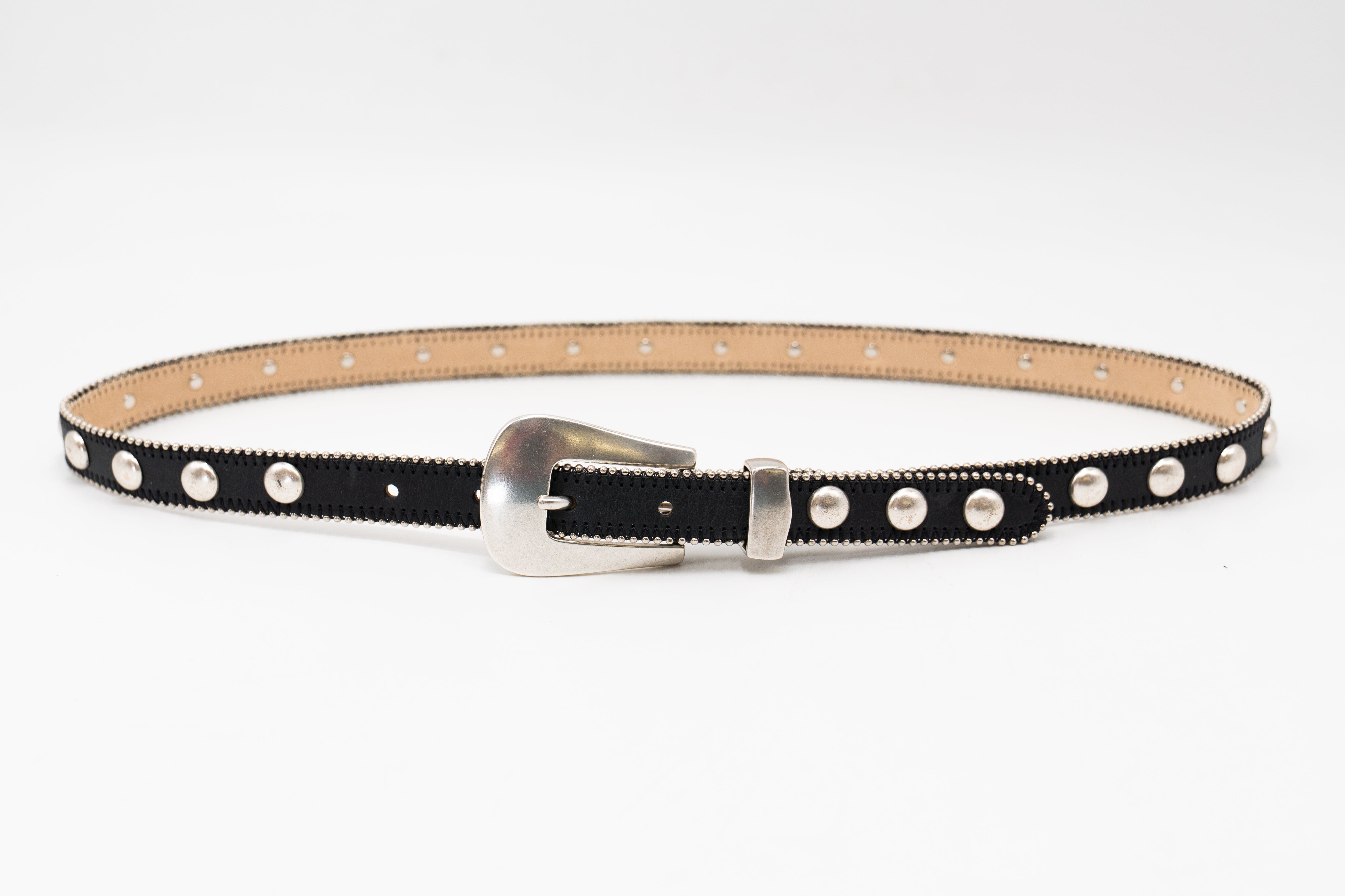 Parker Studded Belt – black Italian leather belt with silver ball-and-chain trim, rivets, and a modern western-style buckle, handcrafted in Los Angeles - Streets Ahead