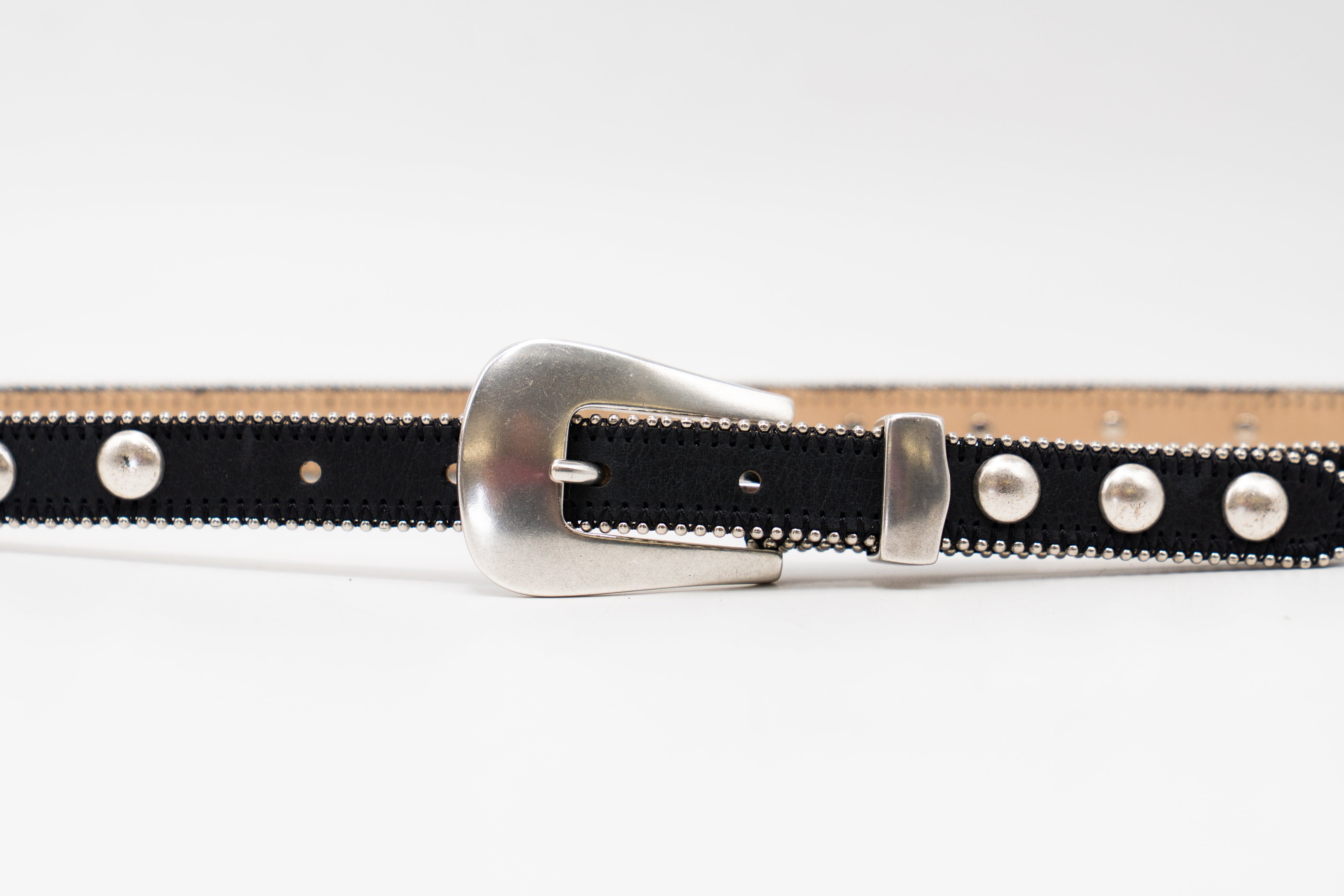 Parker Studded Belt – black Italian leather belt with silver ball-and-chain trim, rivets, and a modern western-style buckle, handcrafted in Los Angeles - Streets Ahead