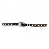 Parker Studded Belt – black Italian leather belt with silver ball-and-chain trim, rivets, and a modern western-style buckle, handcrafted in Los Angeles - Streets Ahead