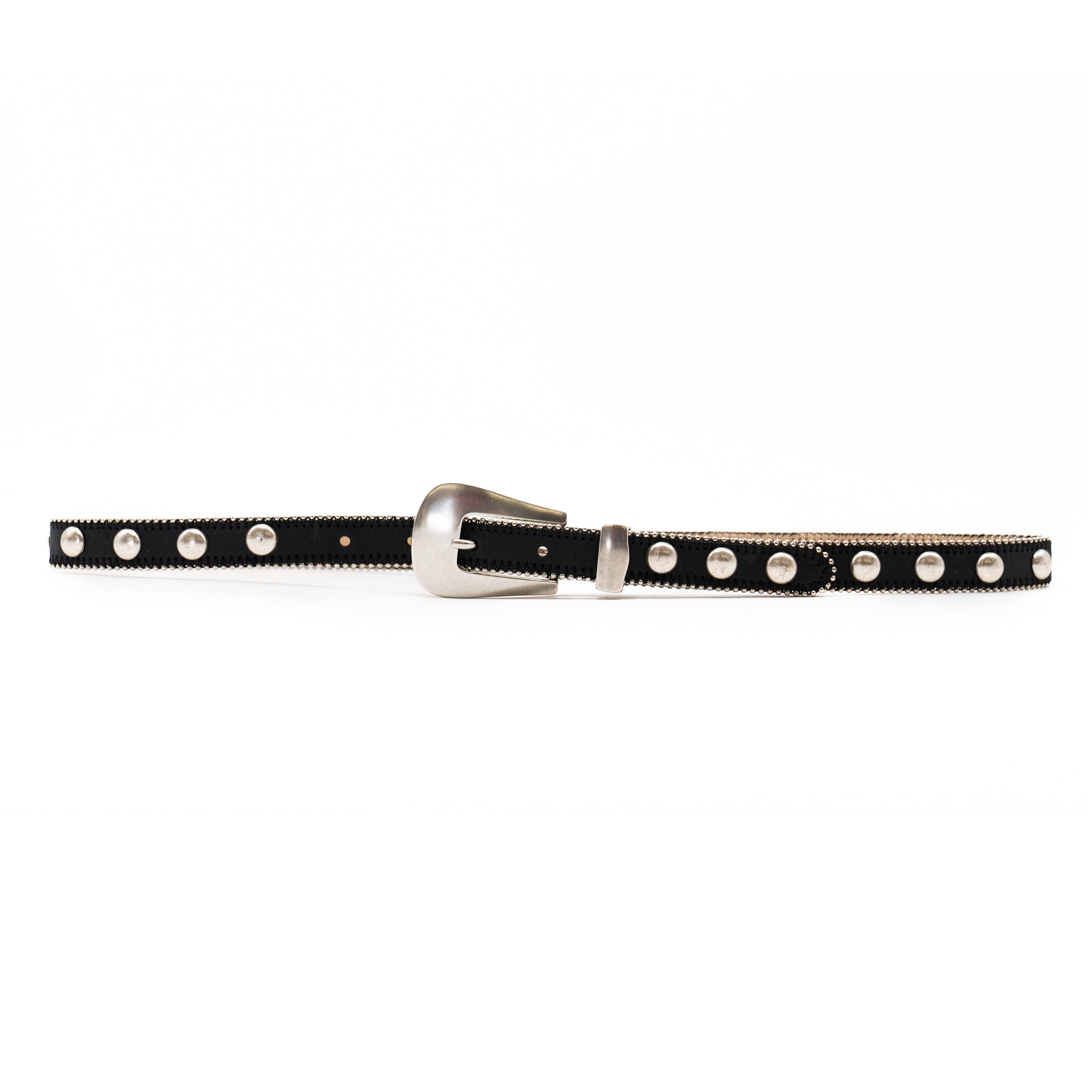 Parker Studded Belt – black Italian leather belt with silver ball-and-chain trim, rivets, and a modern western-style buckle, handcrafted in Los Angeles - Streets Ahead