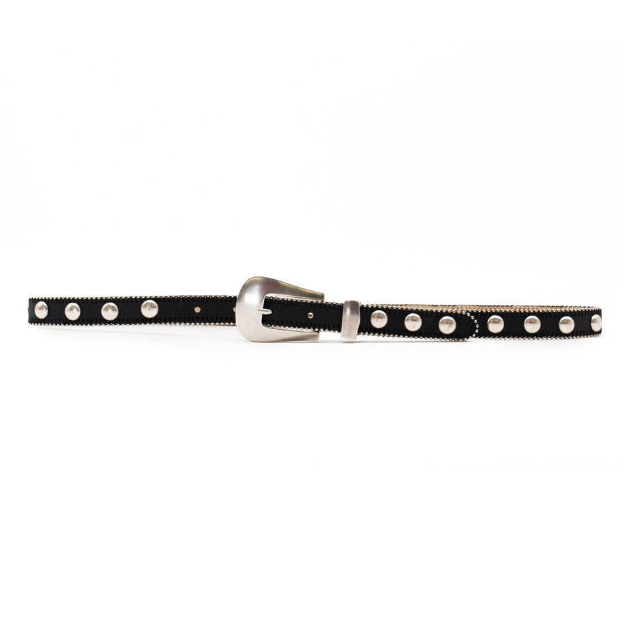 Parker Studded Belt – black Italian leather belt with silver ball-and-chain trim, rivets, and a modern western-style buckle, handcrafted in Los Angeles - Streets Ahead