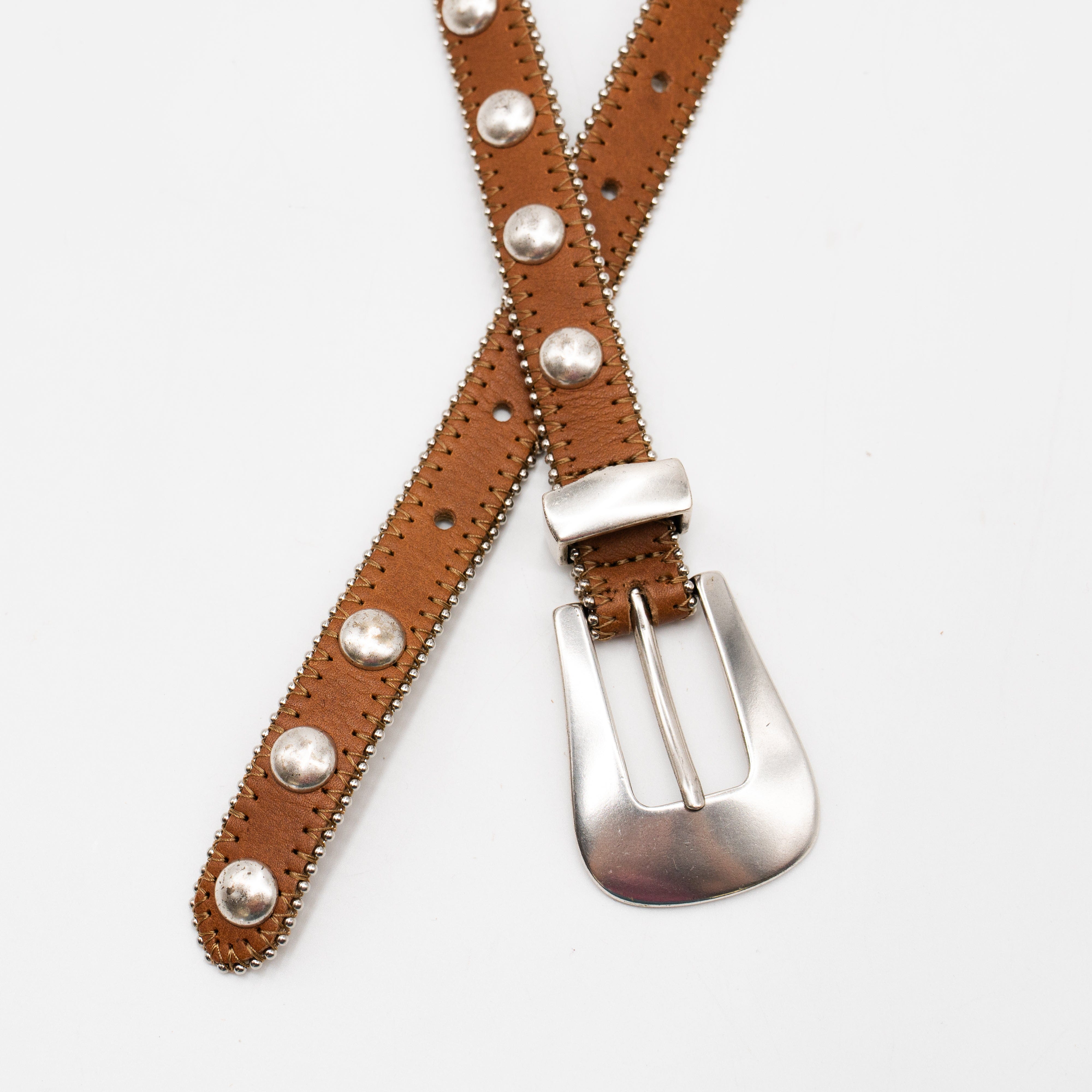 Parker Studded Belt – tan Italian leather belt with silver ball-and-chain trim, rivets, and a modern western-style buckle, handcrafted in Los Angeles - Streets Ahead