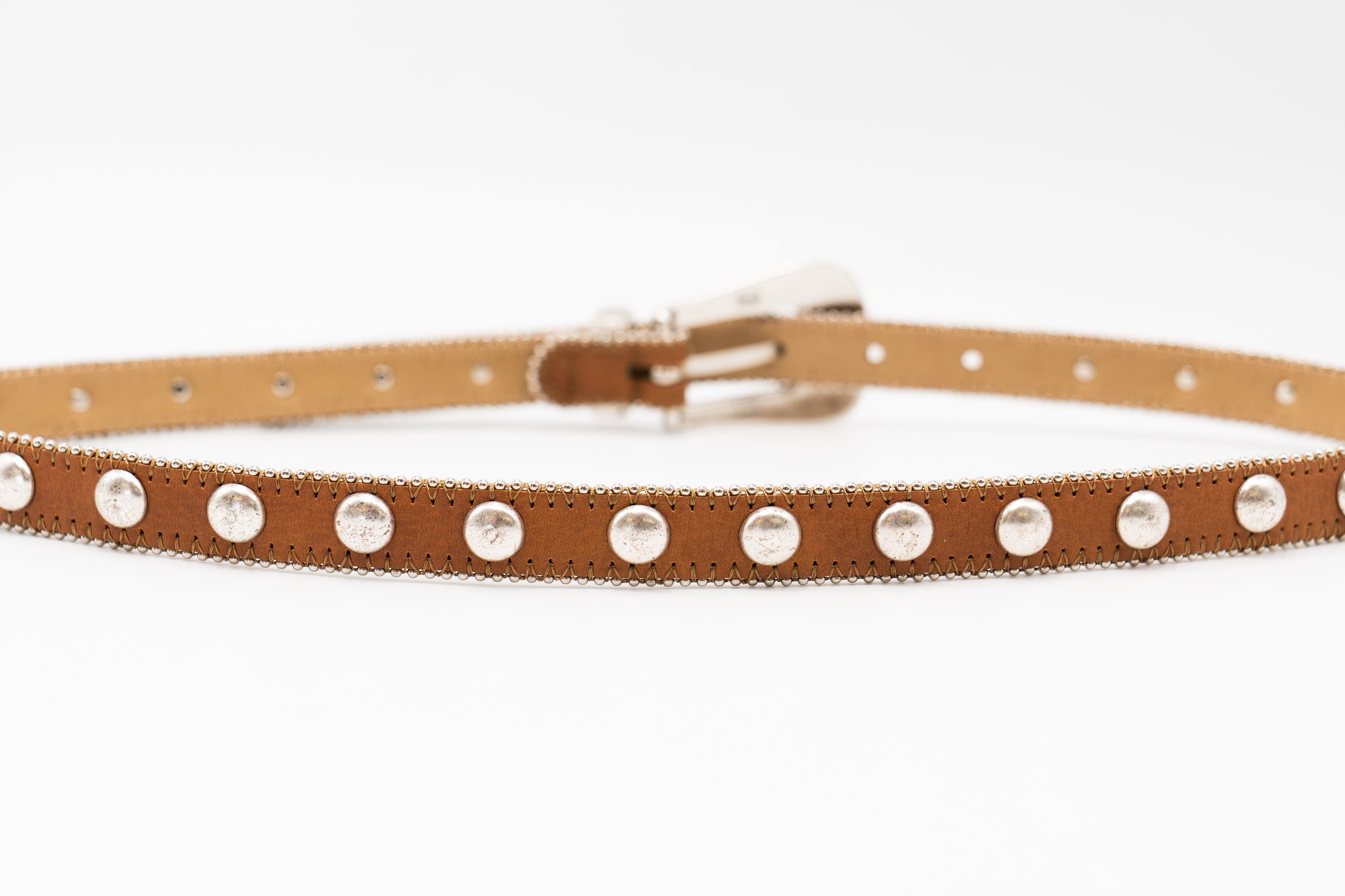 Parker Studded Belt – tan Italian leather belt with silver ball-and-chain trim, rivets, and a modern western-style buckle, handcrafted in Los Angeles - Streets Ahead