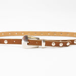 Parker Studded Belt – tan Italian leather belt with silver ball-and-chain trim, rivets, and a modern western-style buckle, handcrafted in Los Angeles - Streets Ahead