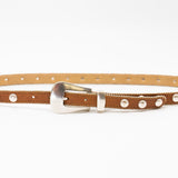 Parker Studded Belt – tan Italian leather belt with silver ball-and-chain trim, rivets, and a modern western-style buckle, handcrafted in Los Angeles - Streets Ahead