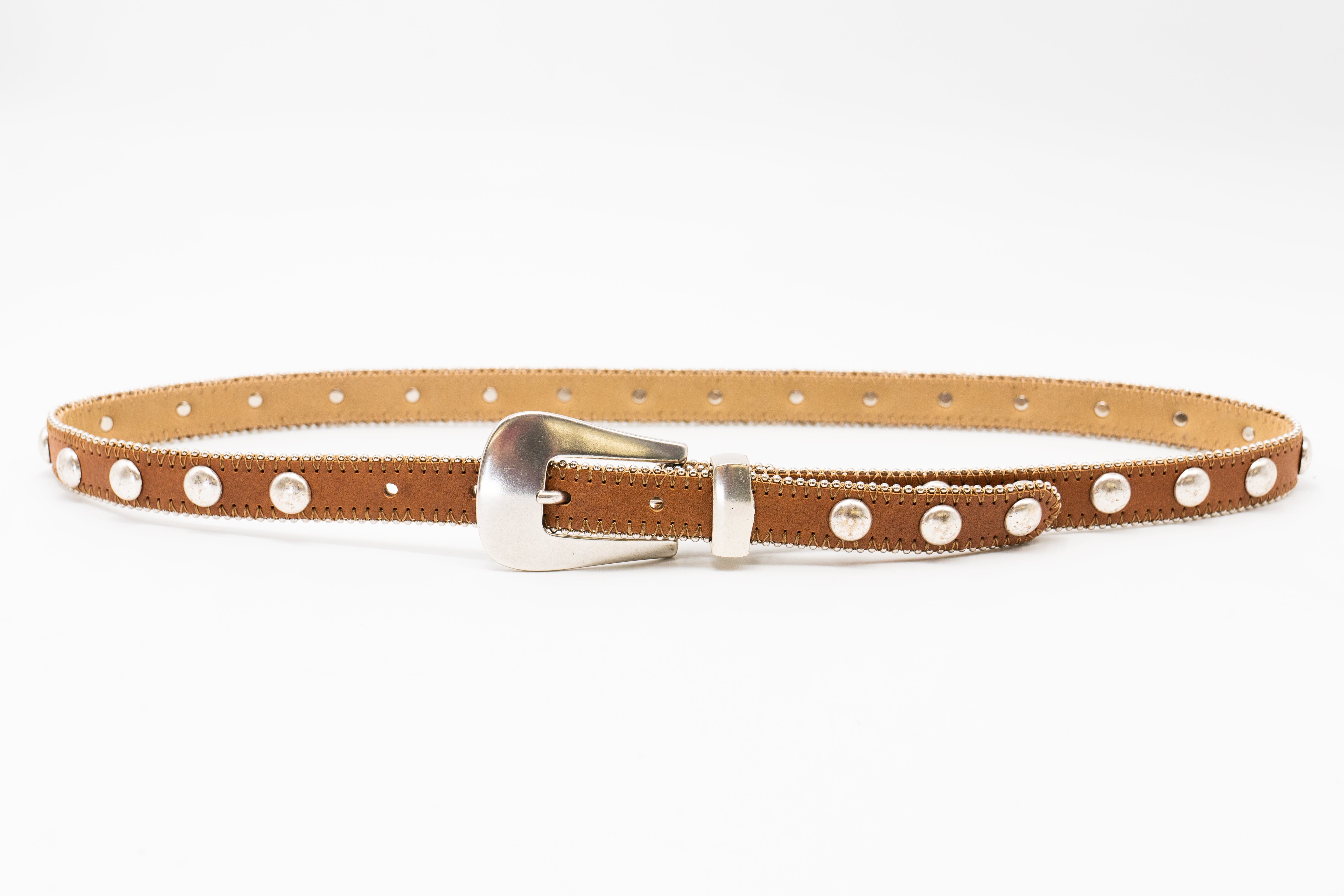 Parker Studded Belt – tan Italian leather belt with silver ball-and-chain trim, rivets, and a modern western-style buckle, handcrafted in Los Angeles - Streets Ahead