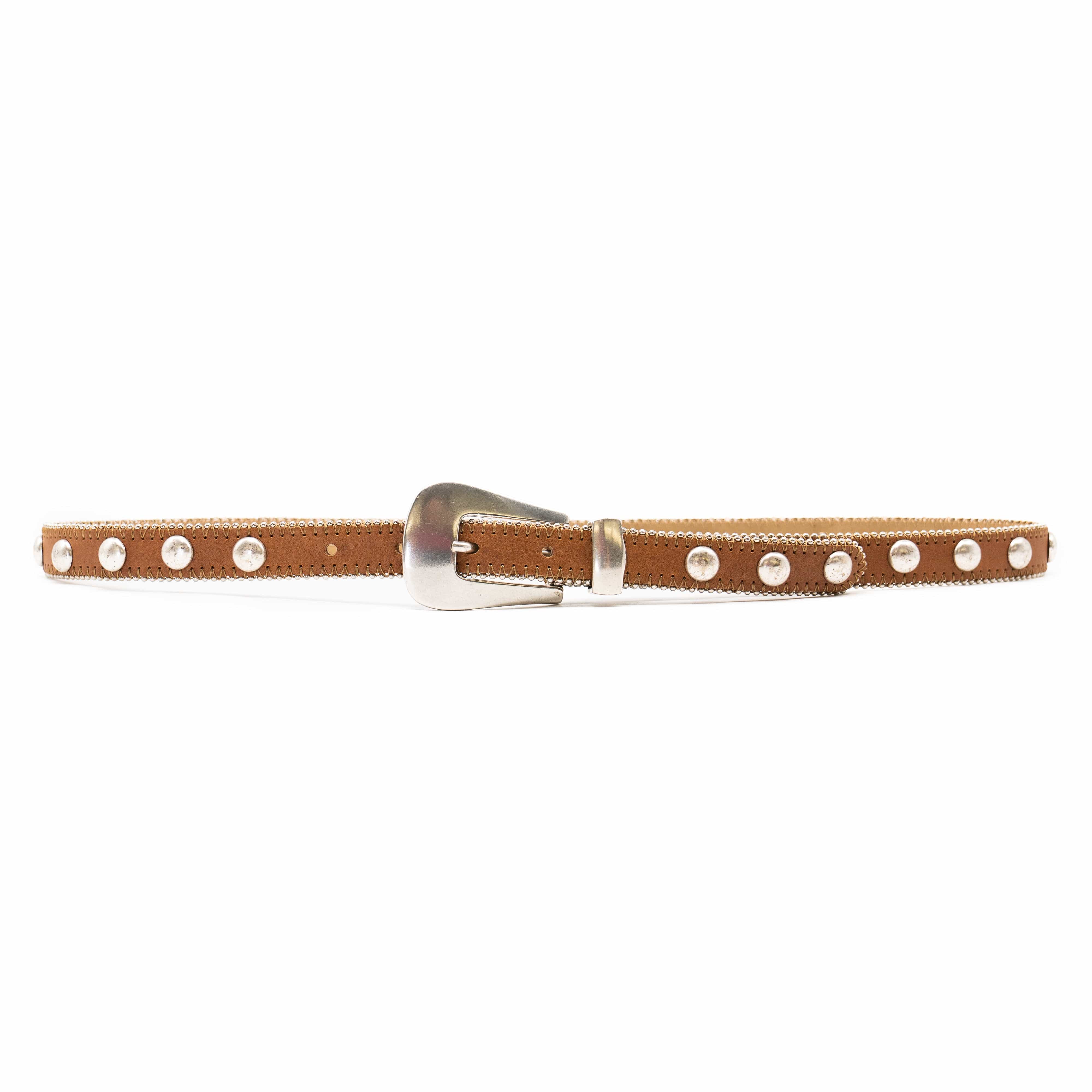 Parker Studded Belt – tan Italian leather belt with silver ball-and-chain trim, rivets, and a modern western-style buckle, handcrafted in Los Angeles - Streets Ahead