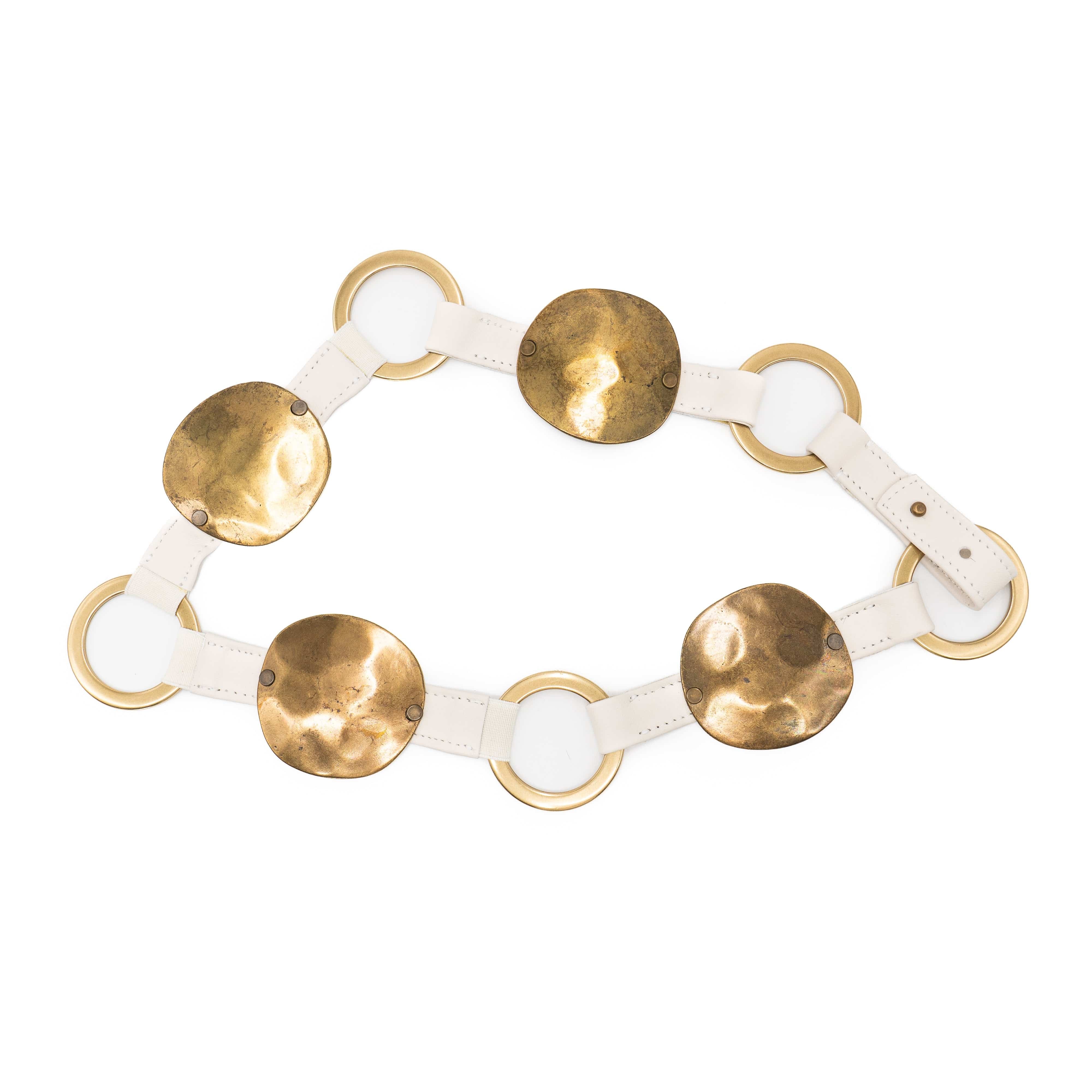 Phantom Belt – recycled off-white Italian leather belt with brass rings, hammered hardware, stretch details, and collar stud closure, handcrafted in Los Angeles - Streets Ahead