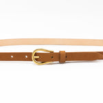 Primrose Belt – Italian cognac nubuck leather belt with a 24k gold-plated buckle and a 0.5-inch strap, handcrafted in Los Angeles - Streets Ahead