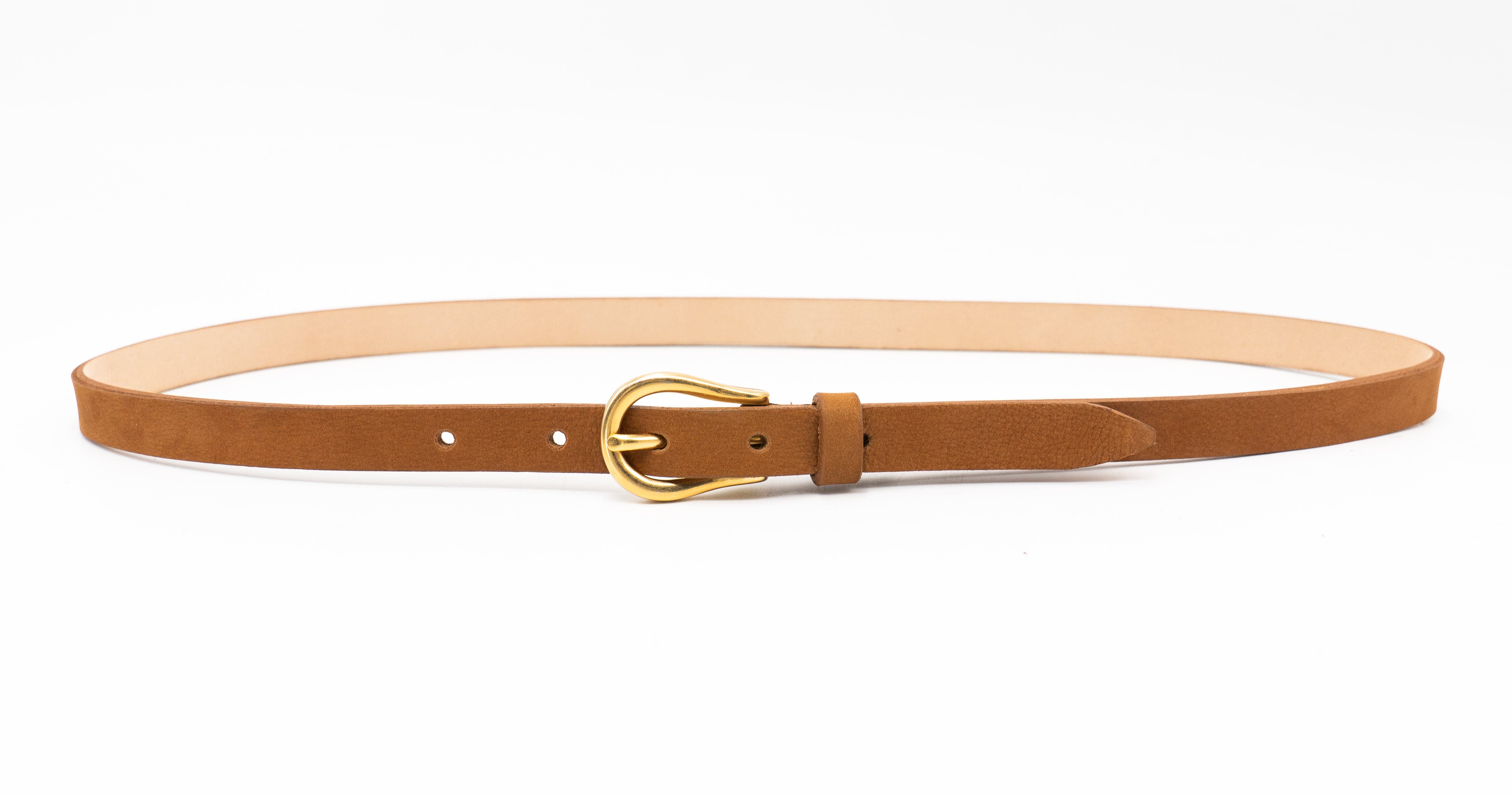 Primrose Belt – Italian cognac nubuck leather belt with a 24k gold-plated buckle and a 0.5-inch strap, handcrafted in Los Angeles - Streets Ahead