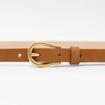 Primrose Belt – Italian cognac nubuck leather belt with a 24k gold-plated buckle and a 0.5-inch strap, handcrafted in Los Angeles - Streets Ahead