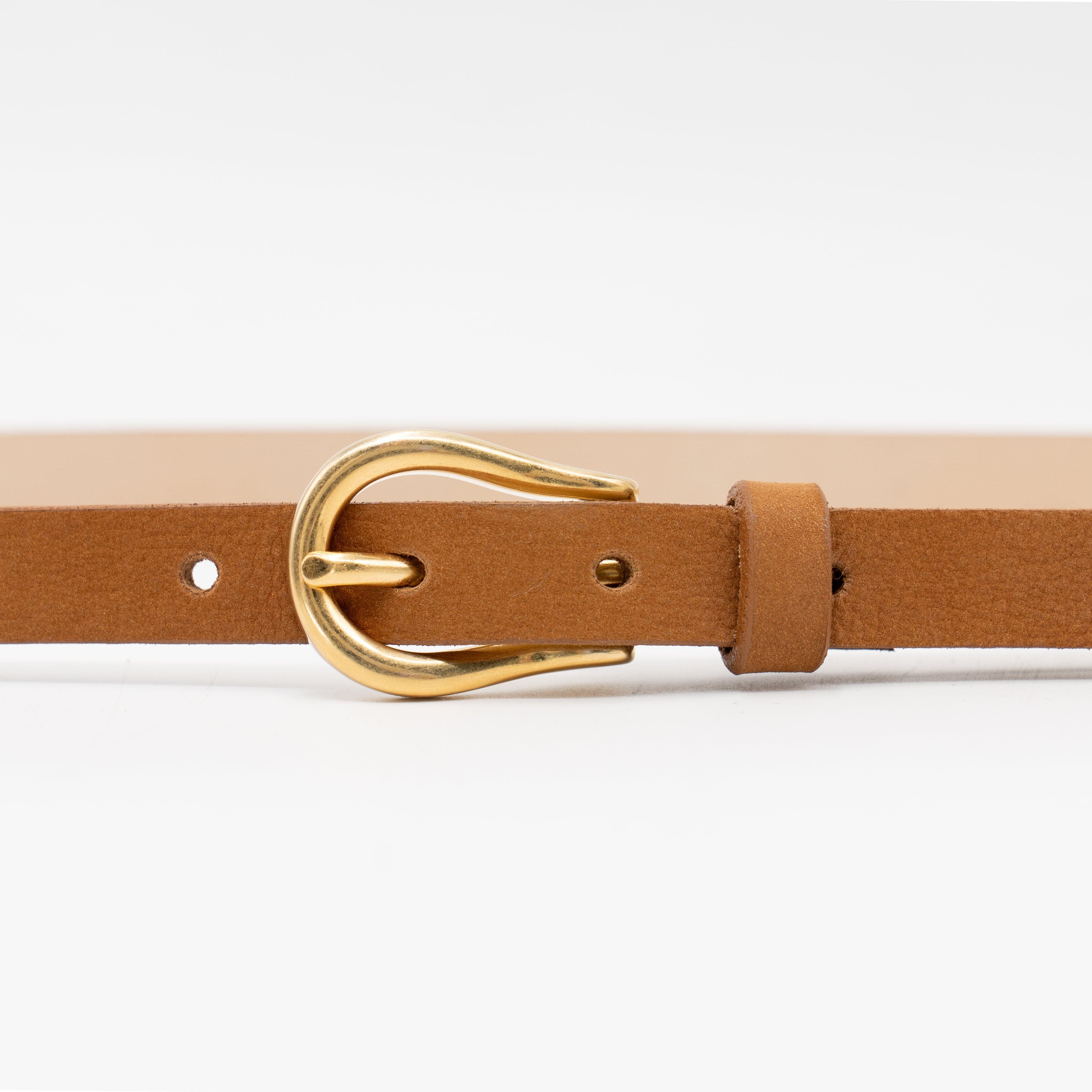 Primrose Belt – Italian cognac nubuck leather belt with a 24k gold-plated buckle and a 0.5-inch strap, handcrafted in Los Angeles - Streets Ahead