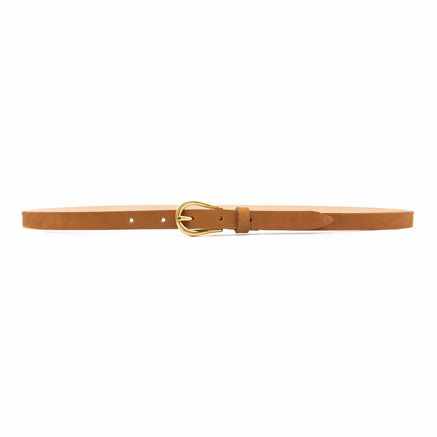 Primrose Belt – Italian cognac nubuck leather belt with a 24k gold-plated buckle and a 0.5-inch strap, handcrafted in Los Angeles - Streets Ahead
