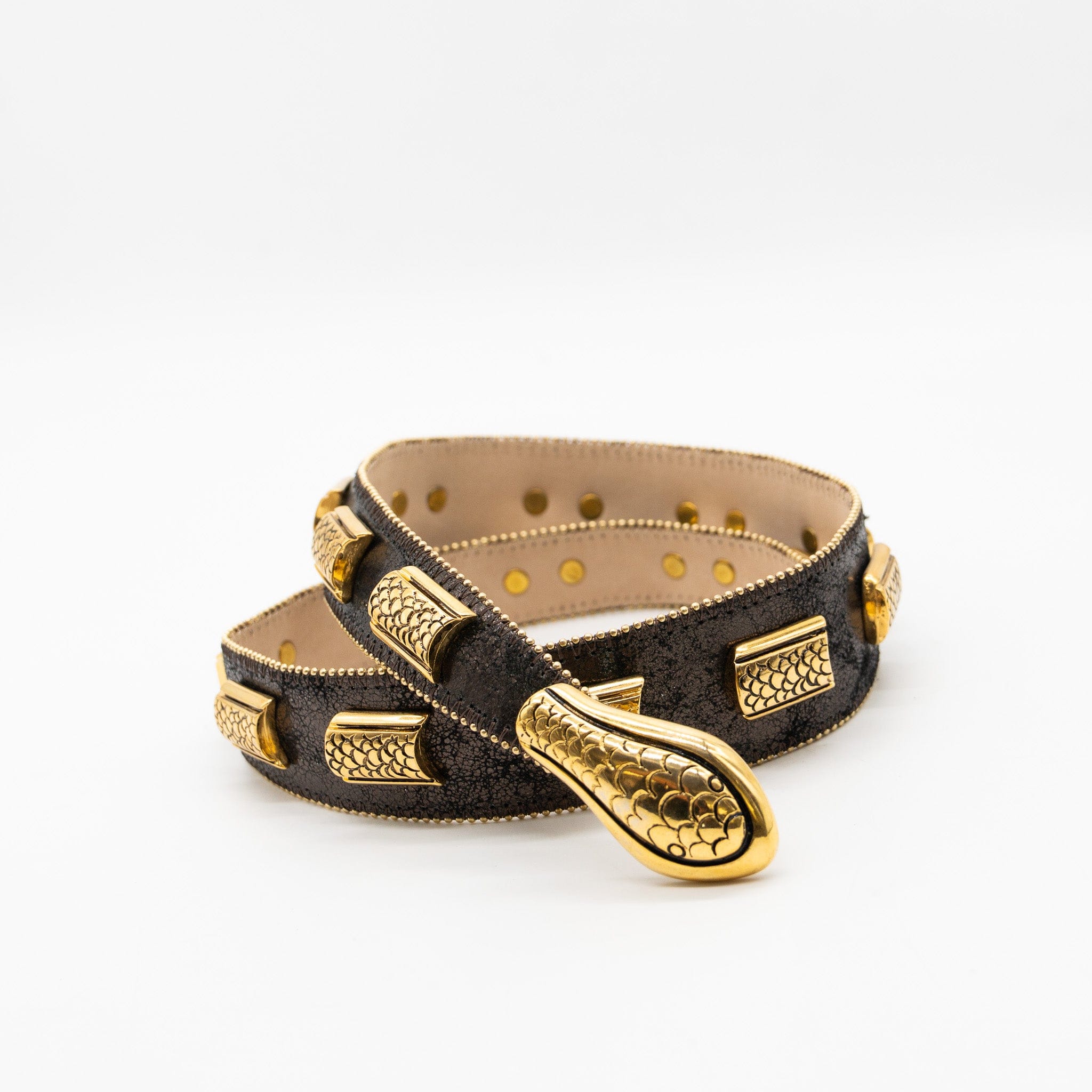Streets Ahead Sarai Snake Belt — pewter leather with ball-and-chain edge, handcrafted in Los Angeles